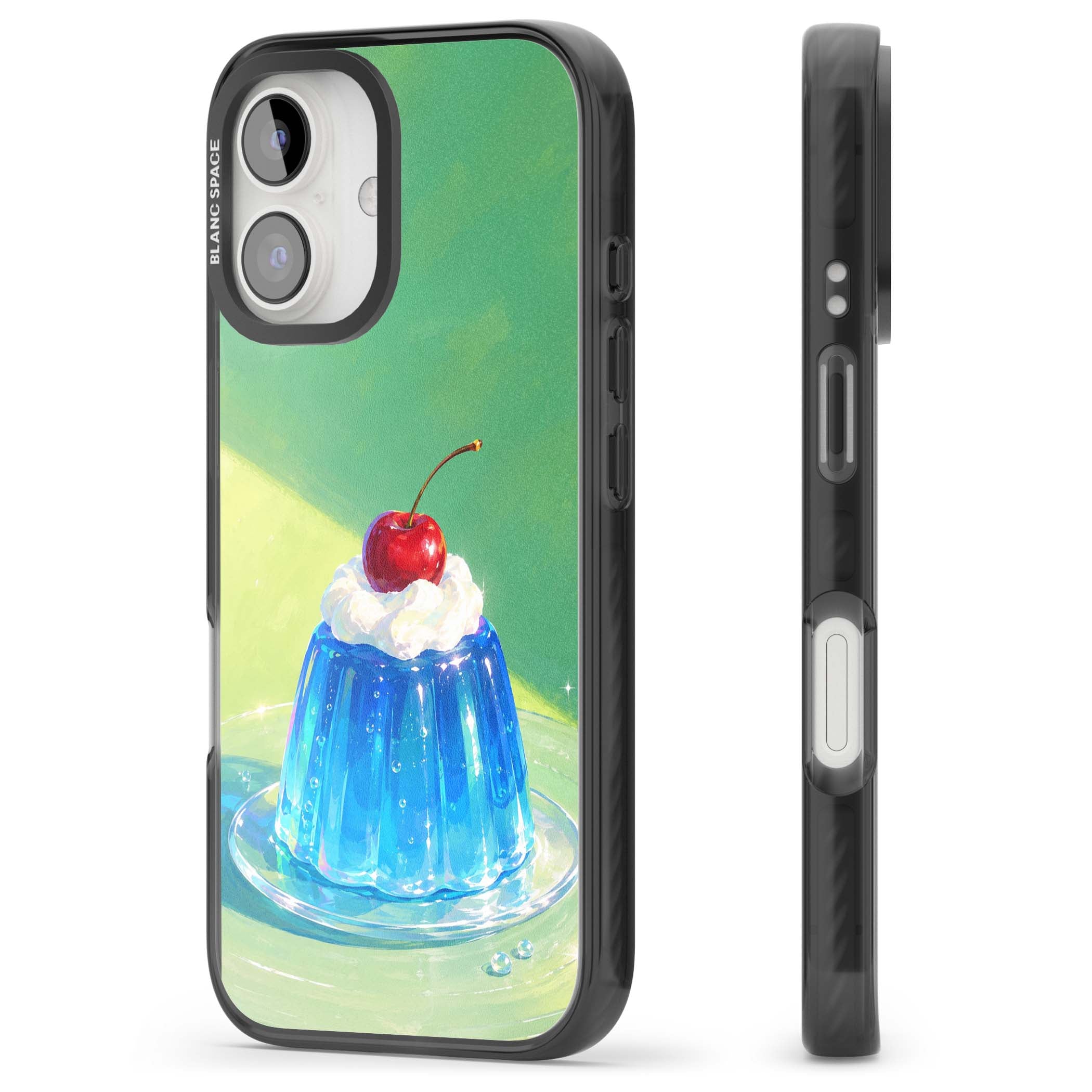 Cherry Jelly kawaii dessert iPhone case featuring blue jelly pudding, whipped cream and a red cherry | Black Impact case for iPhone 16, iPhone 16 Plus