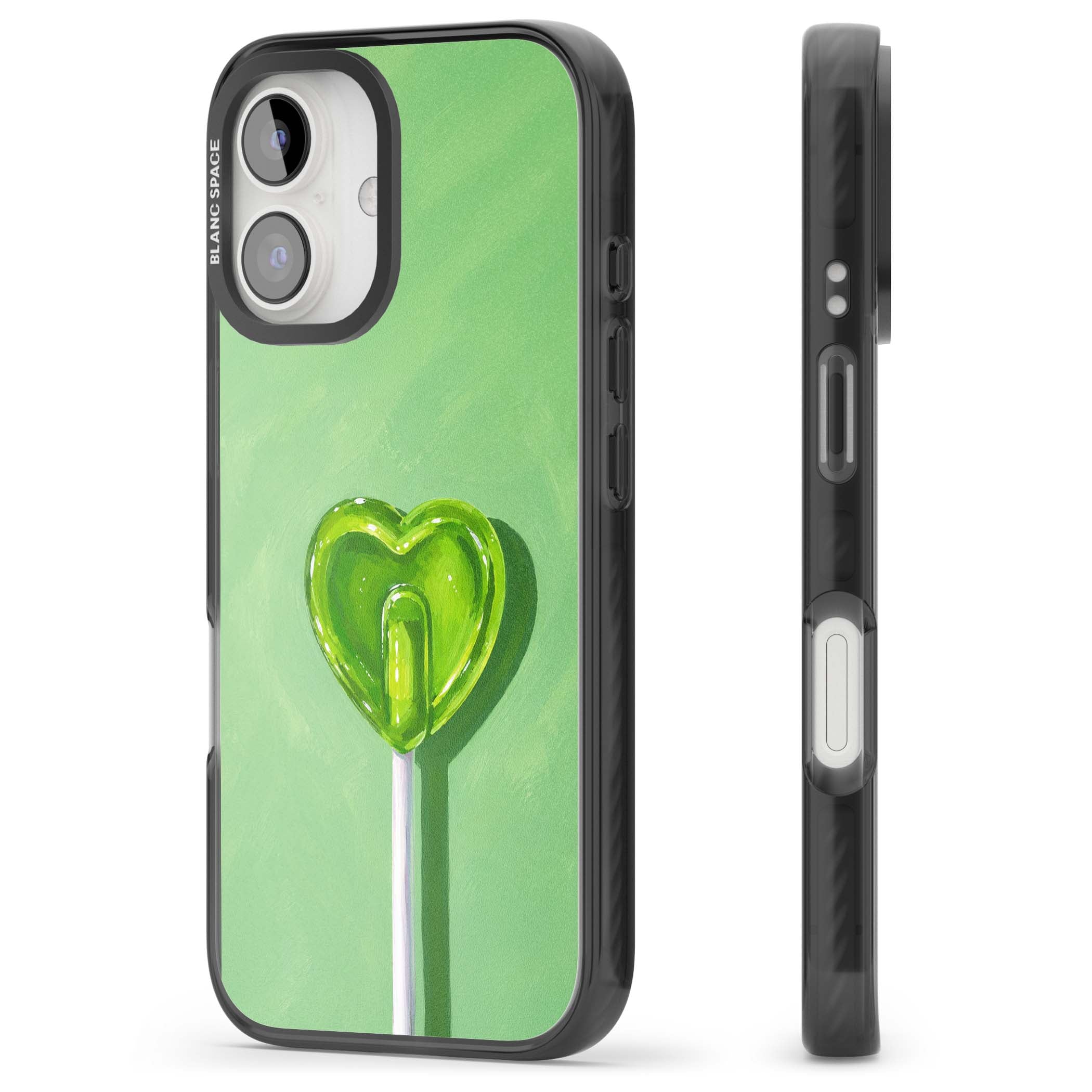 Green Lollipop candy art iPhone case featuring a glossy green heart-shaped lollipop on a painted pastel green background | Black Impact case for iPhone 16, iPhone 16 Plus