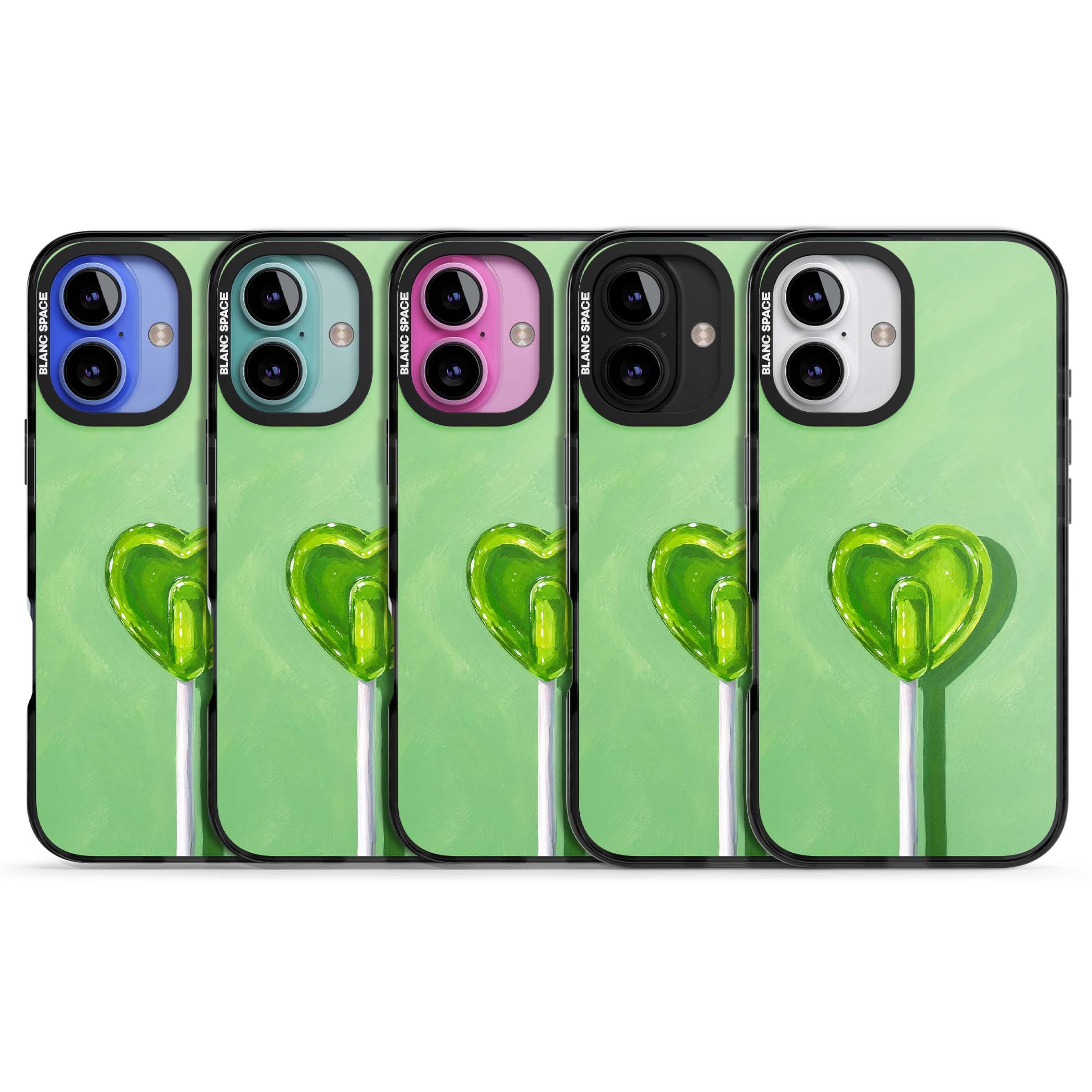 Green Lollipop candy art iPhone case featuring a glossy green heart-shaped lollipop on a painted pastel green background | Black Impact case for iPhone 16, iPhone 16 Plus