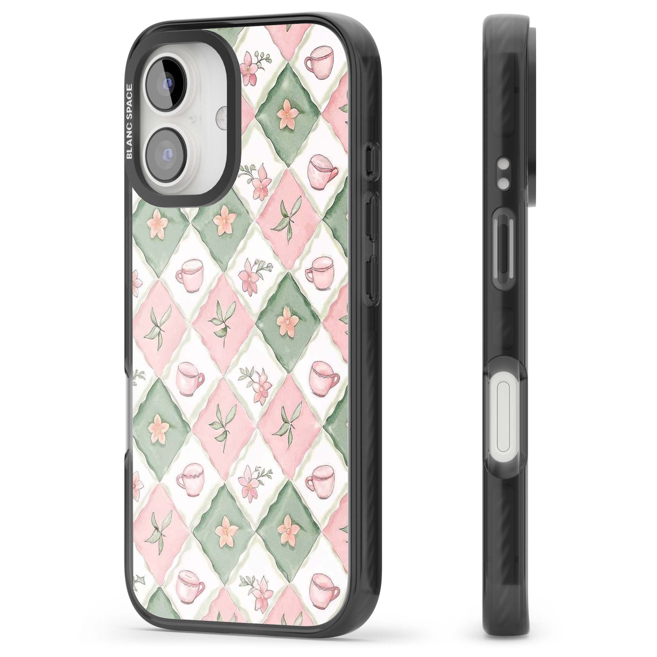Garden Tea Party coquette iPhone case with pink and green checkered pattern, watercolour teacups and wildflowers | Black Impact case for iPhone 16, iPhone 16 Plus