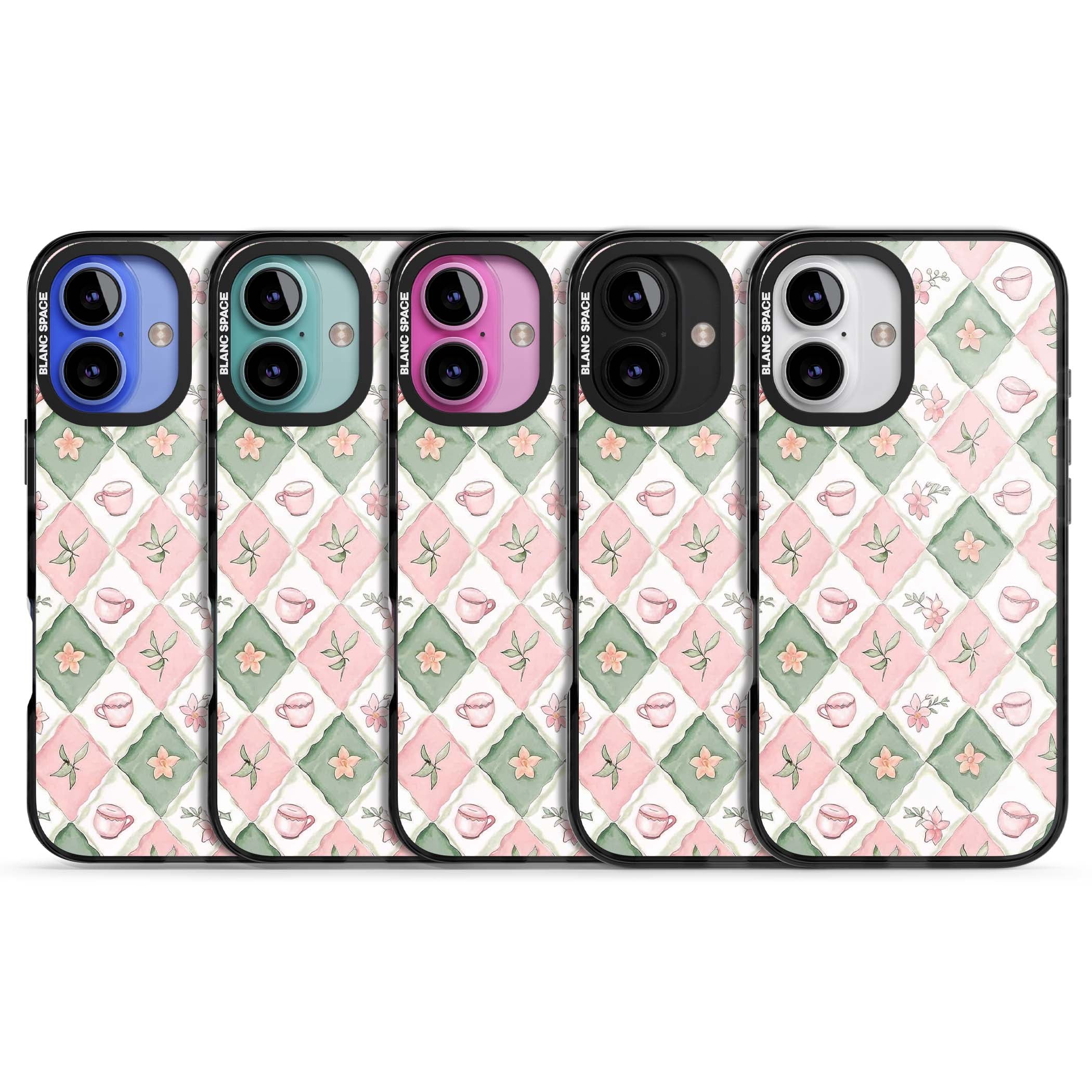 Garden Tea Party coquette iPhone case with pink and green checkered pattern, watercolour teacups and wildflowers | Black Impact case for iPhone 16, iPhone 16 Plus