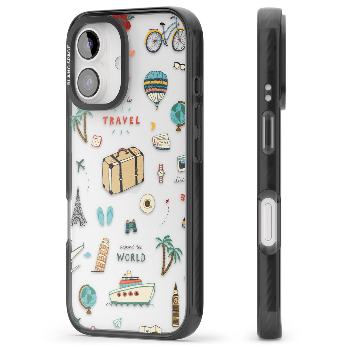 iPhone 16 Pro Max Cute Travel Pattern Transparent Black Impact Phone Case