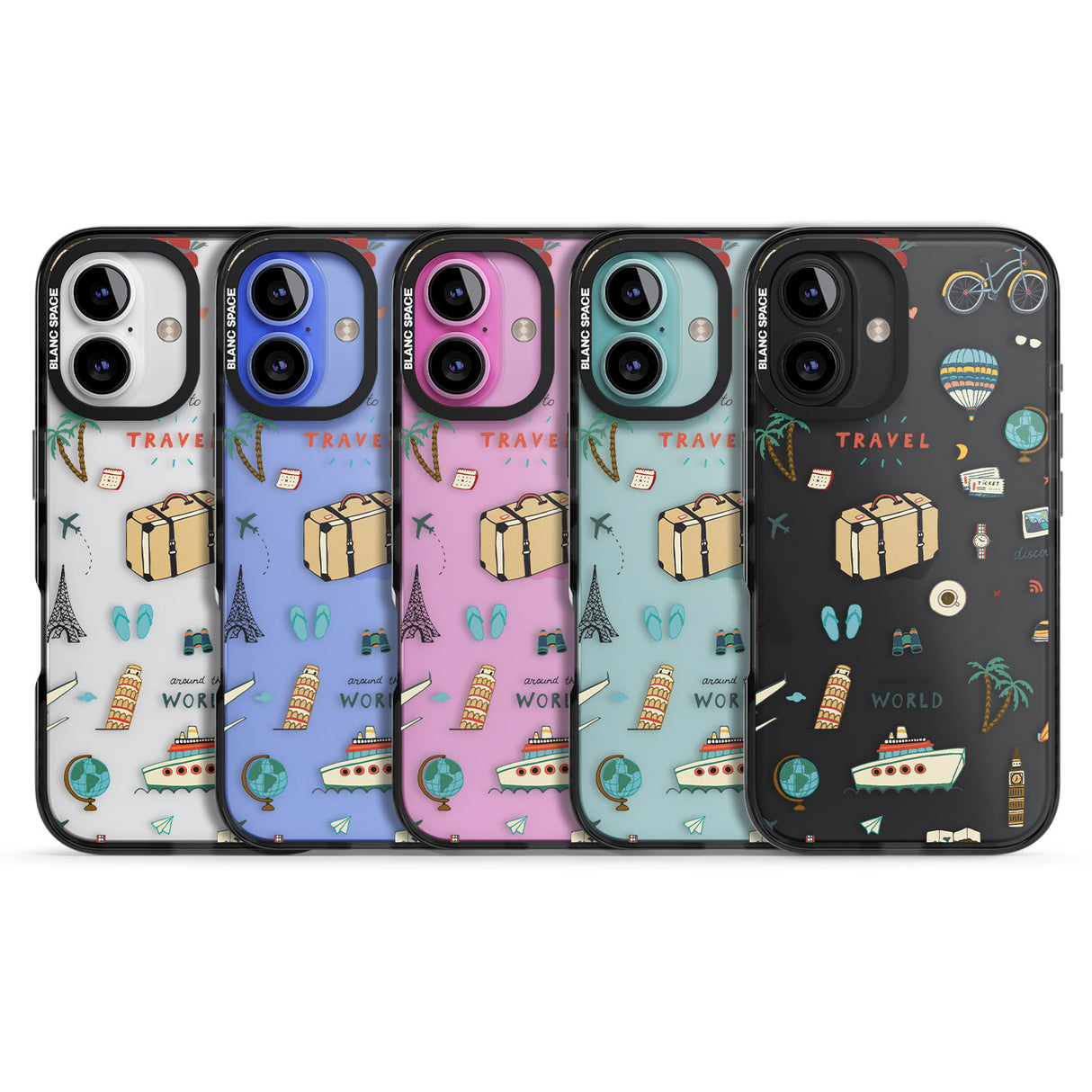 iPhone 16 Pro Max Cute Travel Pattern Transparent Black Impact Phone Case