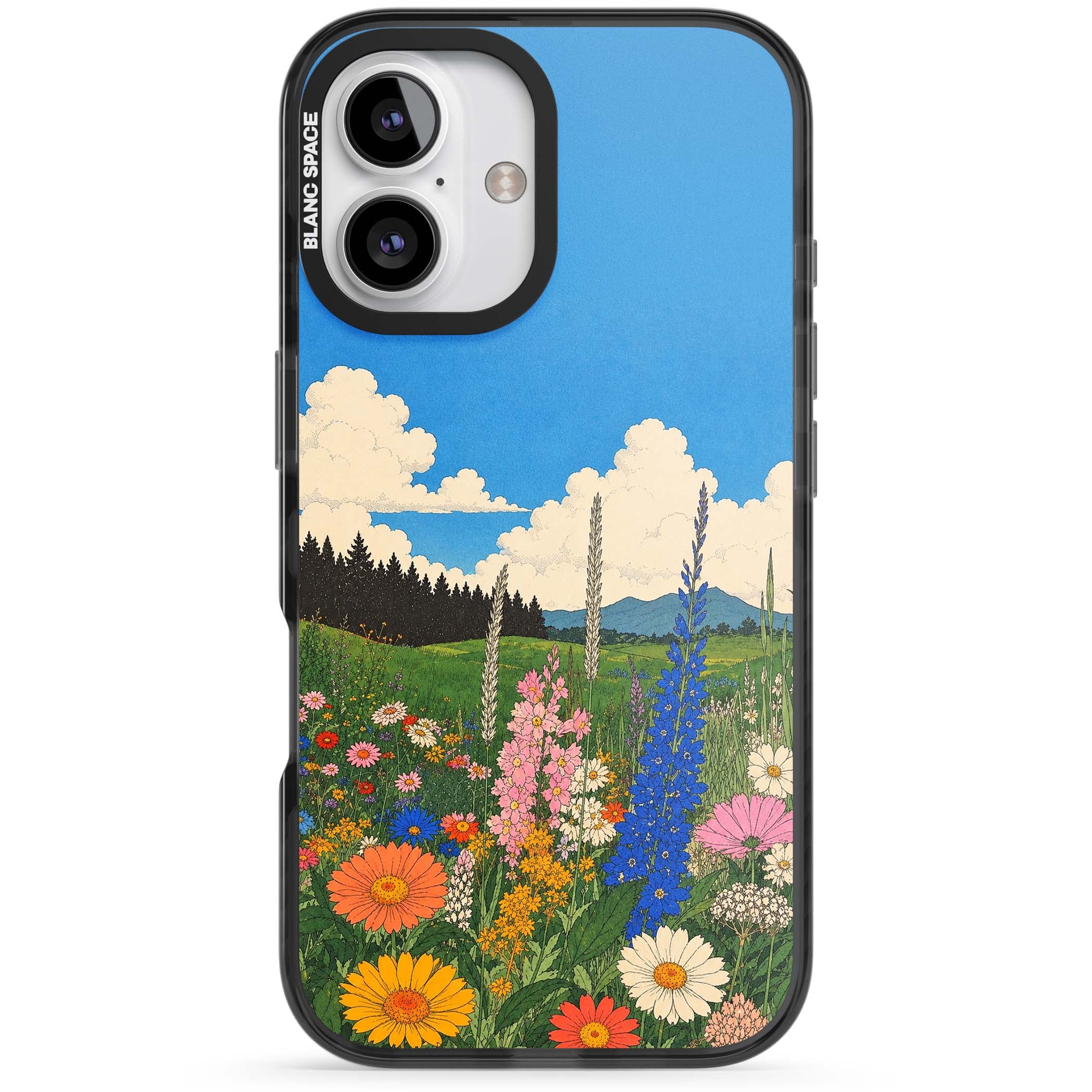 Wildbloom wildflower iPhone case featuring a vintage Japanese-style meadow landscape with daisies, delphiniums and moun | Black Impact case for iPhone 16, iPhone 16 Plus