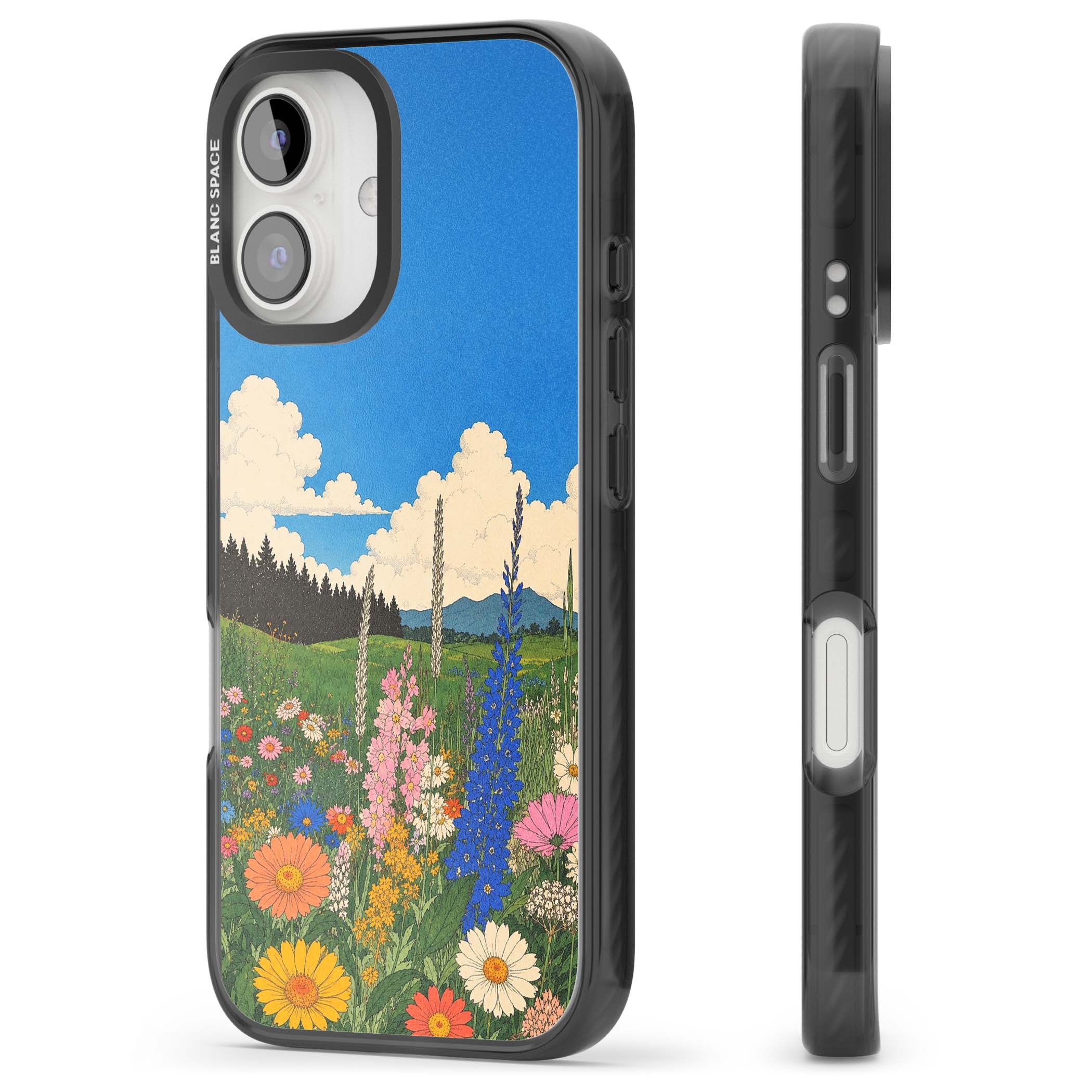 Wildbloom wildflower iPhone case featuring a vintage Japanese-style meadow landscape with daisies, delphiniums and moun | Black Impact case for iPhone 16, iPhone 16 Plus