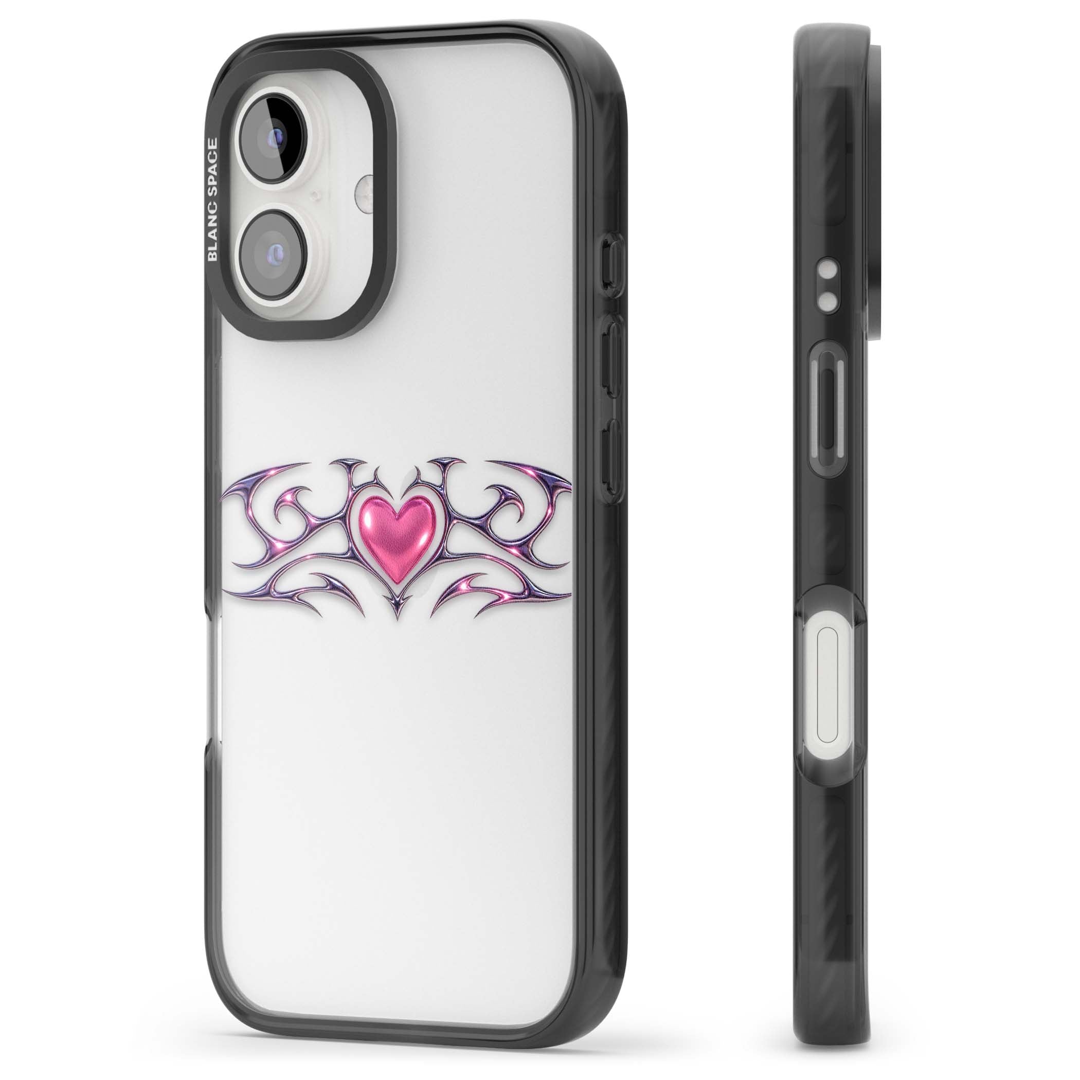 Pink Chrome Heart y2k iPhone case | Black Impact case for iPhone 16, iPhone 16 Plus