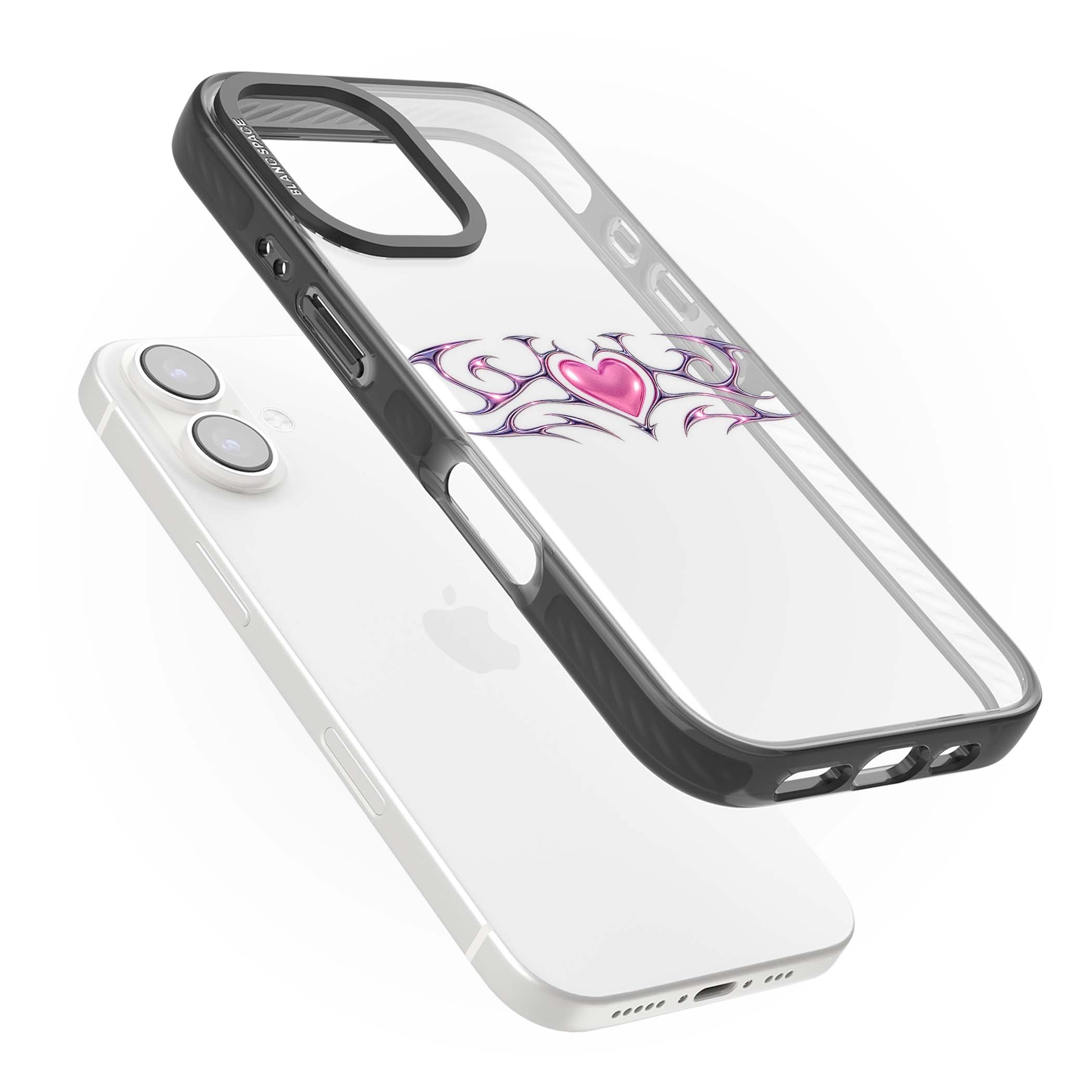 Pink Chrome Heart y2k iPhone case | Black Impact case for iPhone 16, iPhone 16 Plus