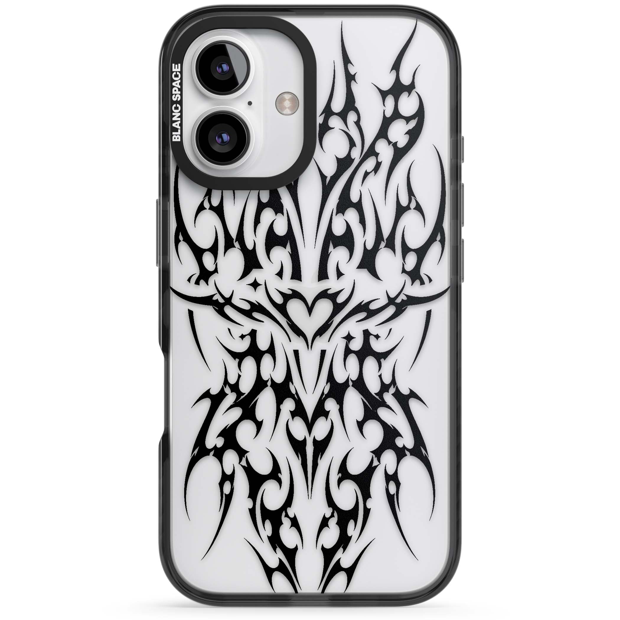 Neo Tribal Heart gothic iPhone case featuring symmetrical black tribal tattoo art with sharp thorn-like linework | Black Impact case for iPhone 16, iPhone 16 Plus