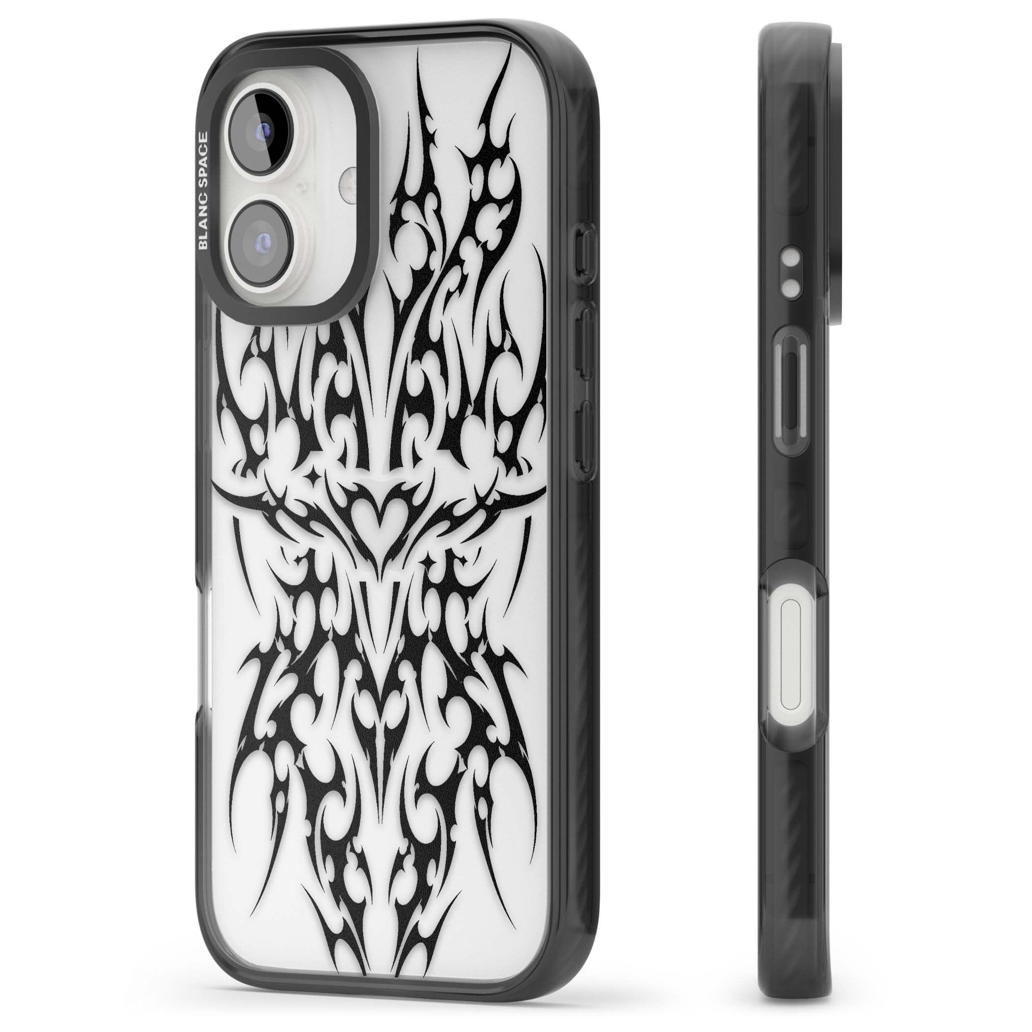 Neo Tribal Heart gothic iPhone case featuring symmetrical black tribal tattoo art with sharp thorn-like linework | Black Impact case for iPhone 16, iPhone 16 Plus