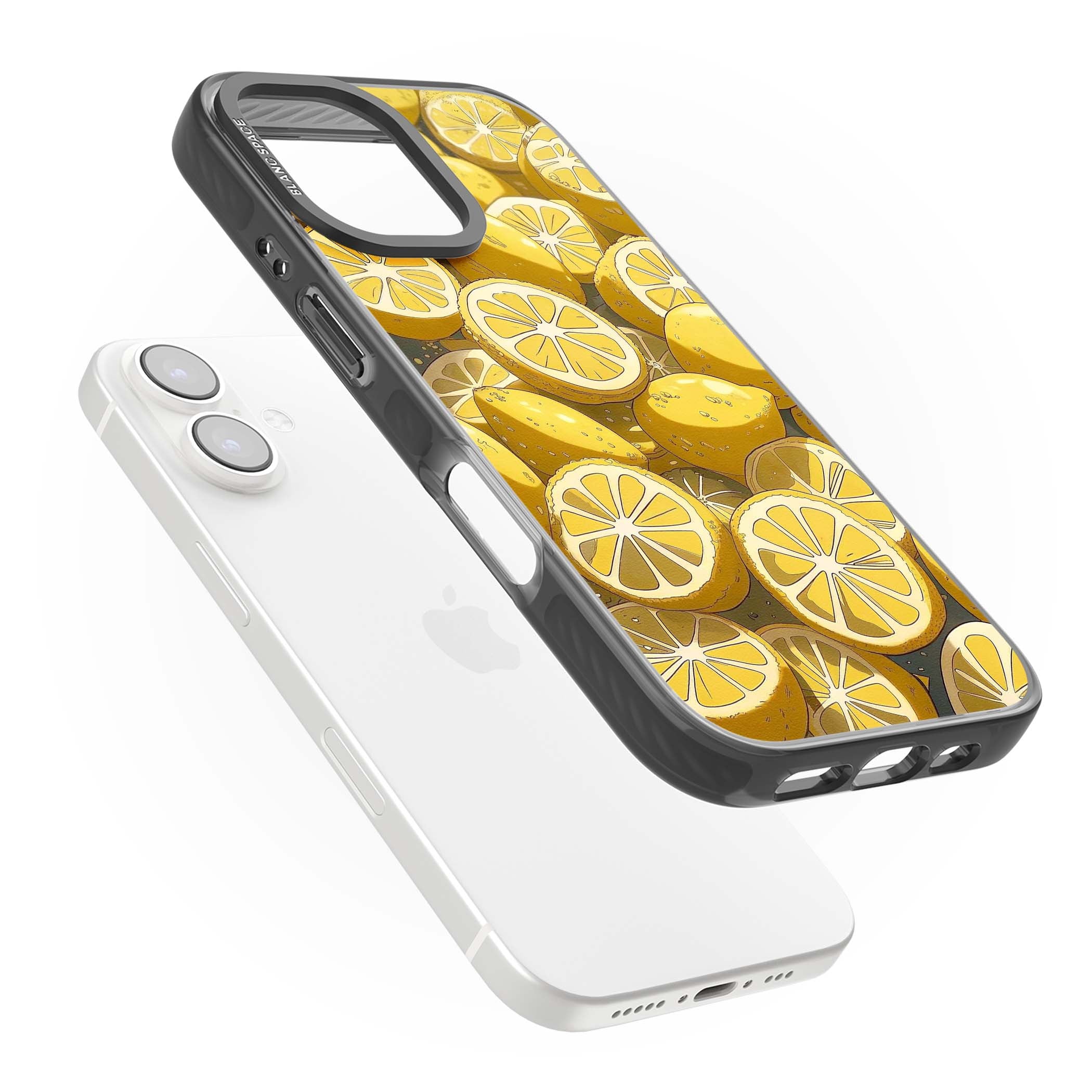 Zesty coastal iPhone case featuring illustrated Mediterranean lemons and citrus slices in golden yellow | Black Impact case for iPhone 16, iPhone 16 Plus