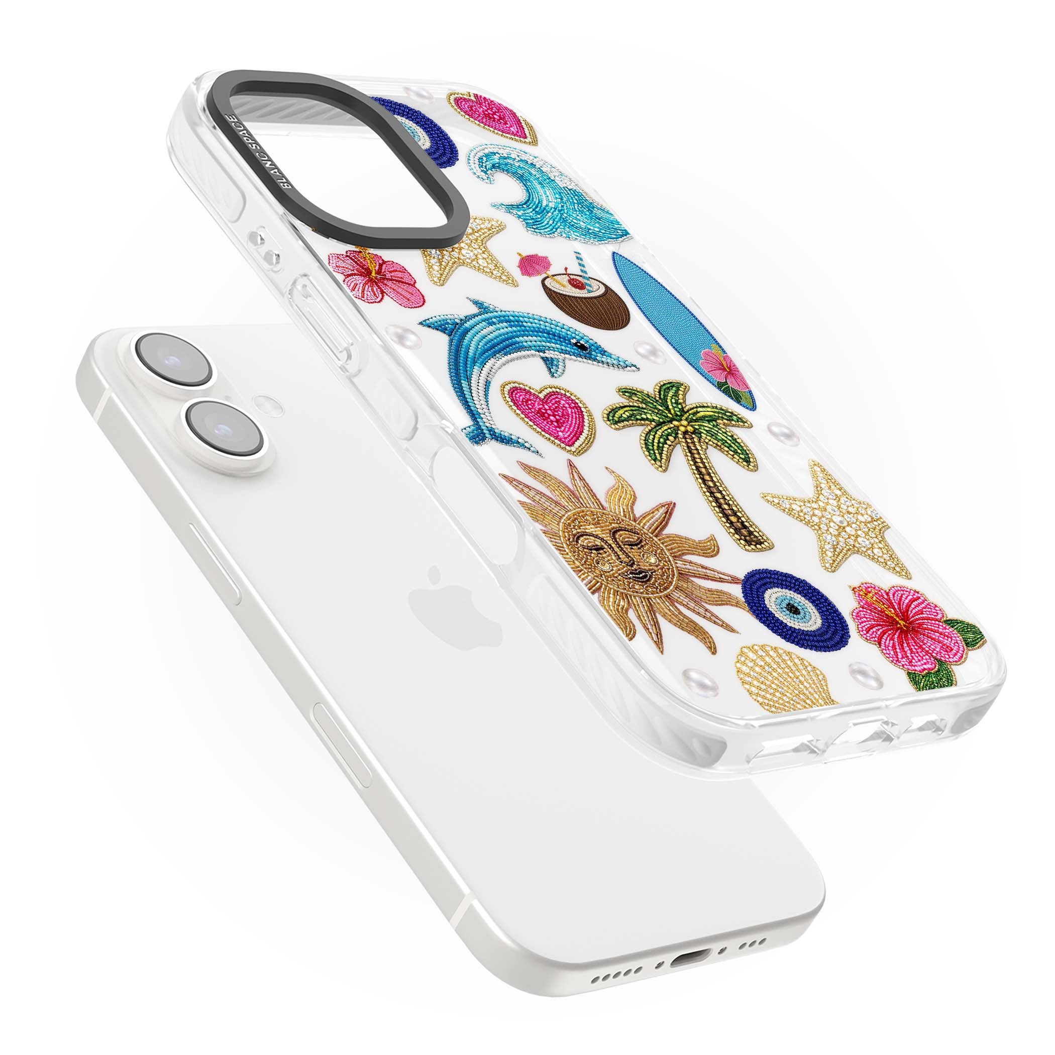 Beaded Beach coastal summer iPhone case featuring embroidered evil eye, hibiscus flowers, dolphin and palm tree patches | Clear Impact case for iPhone 16, iPhone 16 Plus