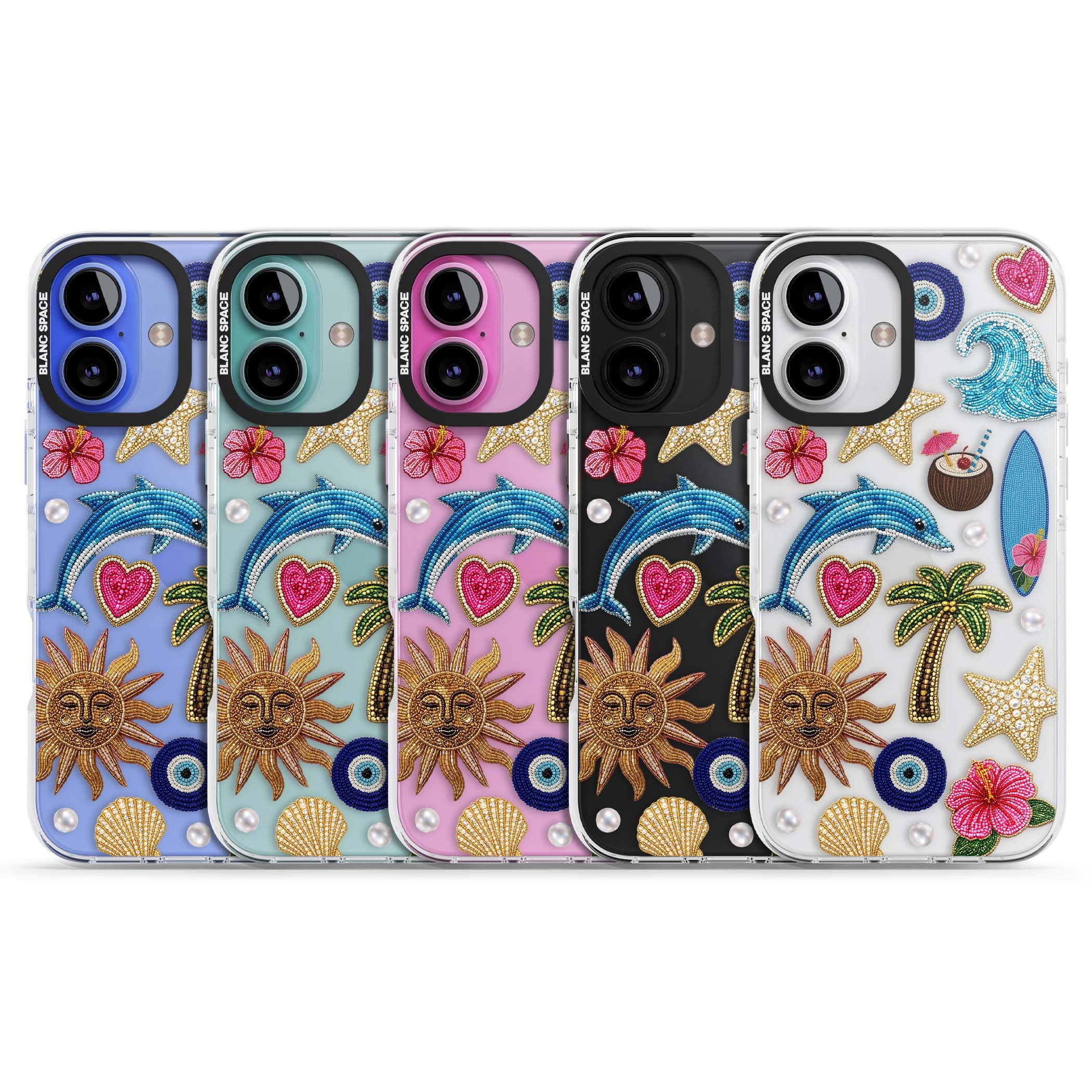 Beaded Beach coastal summer iPhone case featuring embroidered evil eye, hibiscus flowers, dolphin and palm tree patches | Clear Impact case for iPhone 16, iPhone 16 Plus
