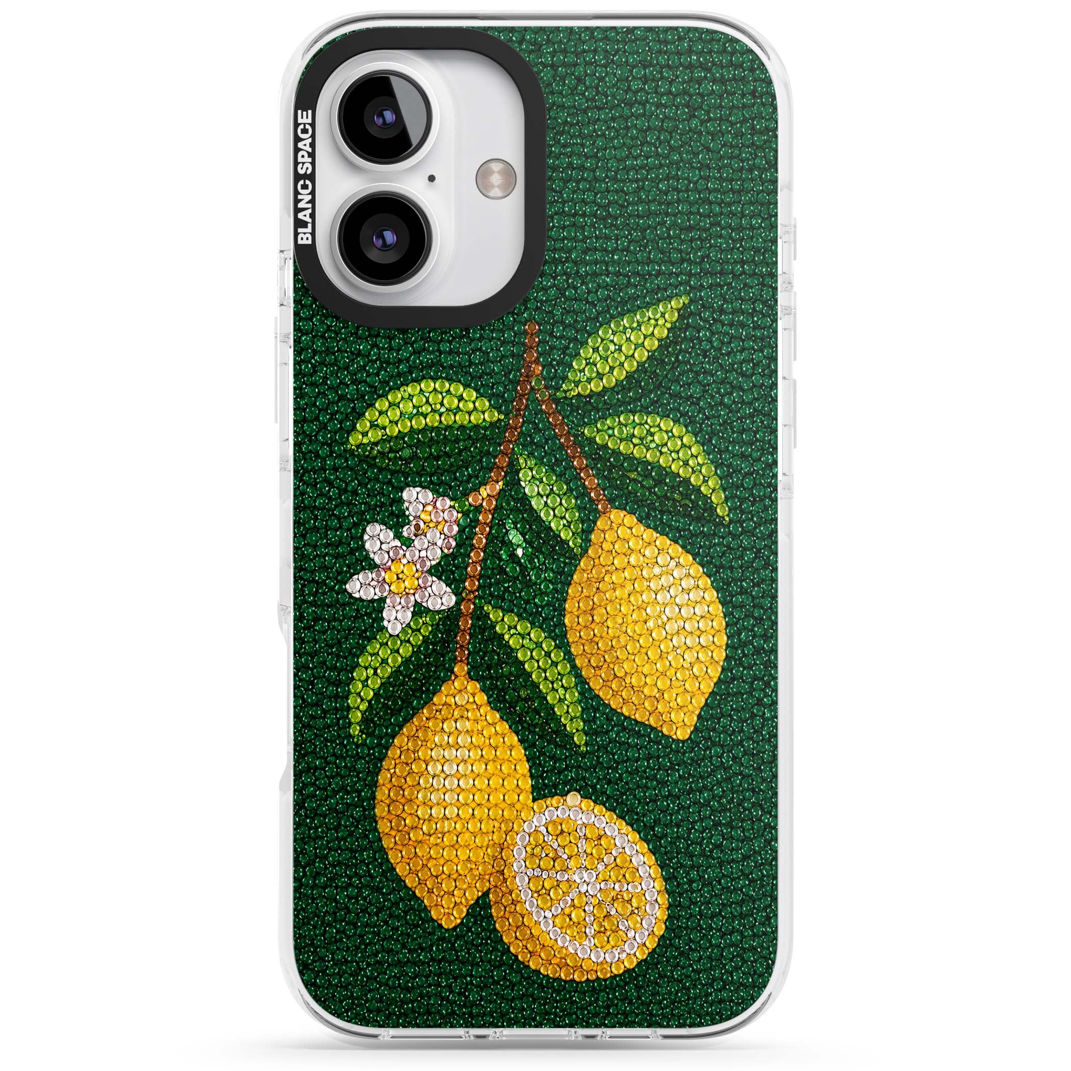 Beaded Lemons coastal iPhone case featuring crystal-beaded lemons, citrus blossom and green leaves on emerald ground | Clear Impact case for iPhone 16, iPhone 16 Plus