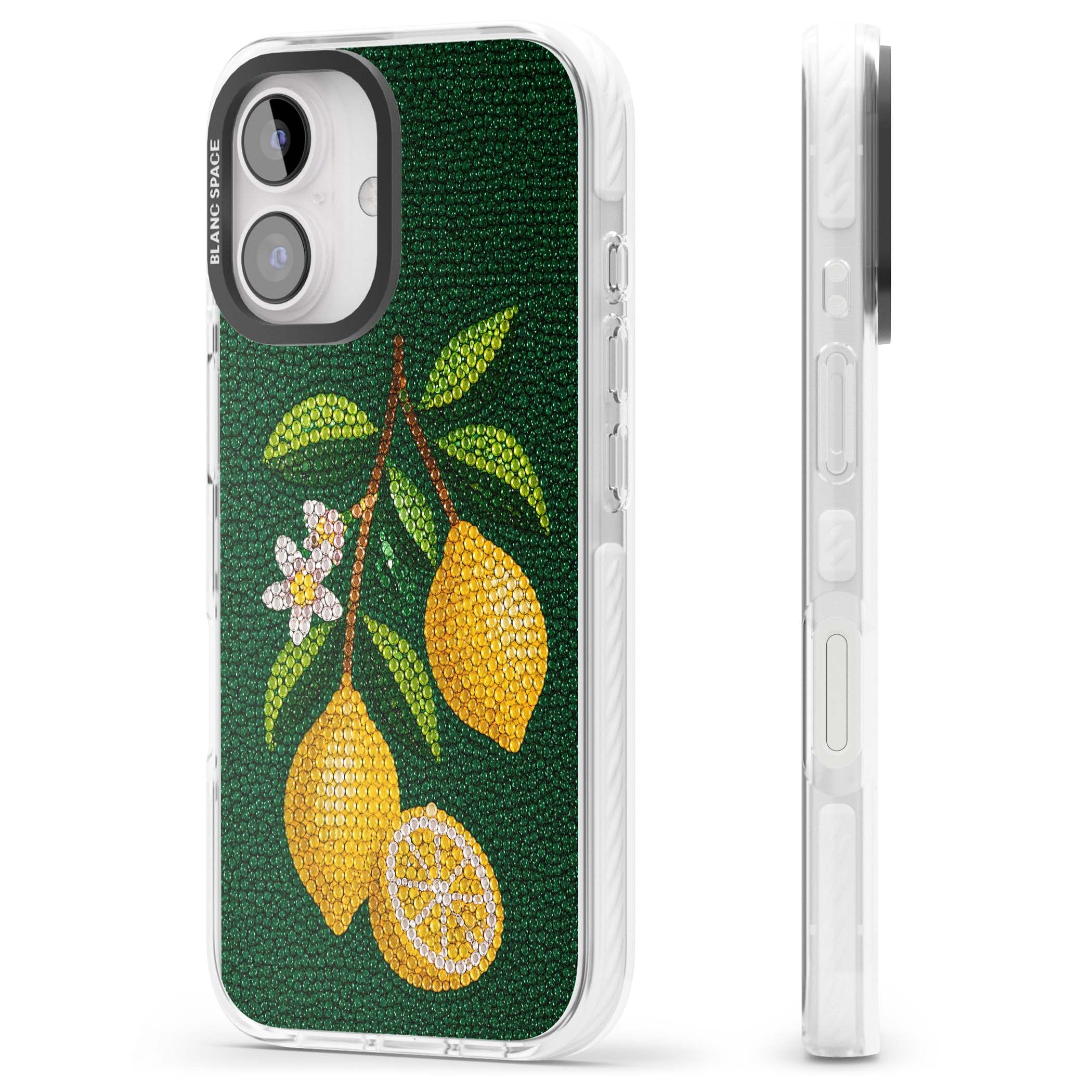 Beaded Lemons coastal iPhone case featuring crystal-beaded lemons, citrus blossom and green leaves on emerald ground | Clear Impact case for iPhone 16, iPhone 16 Plus