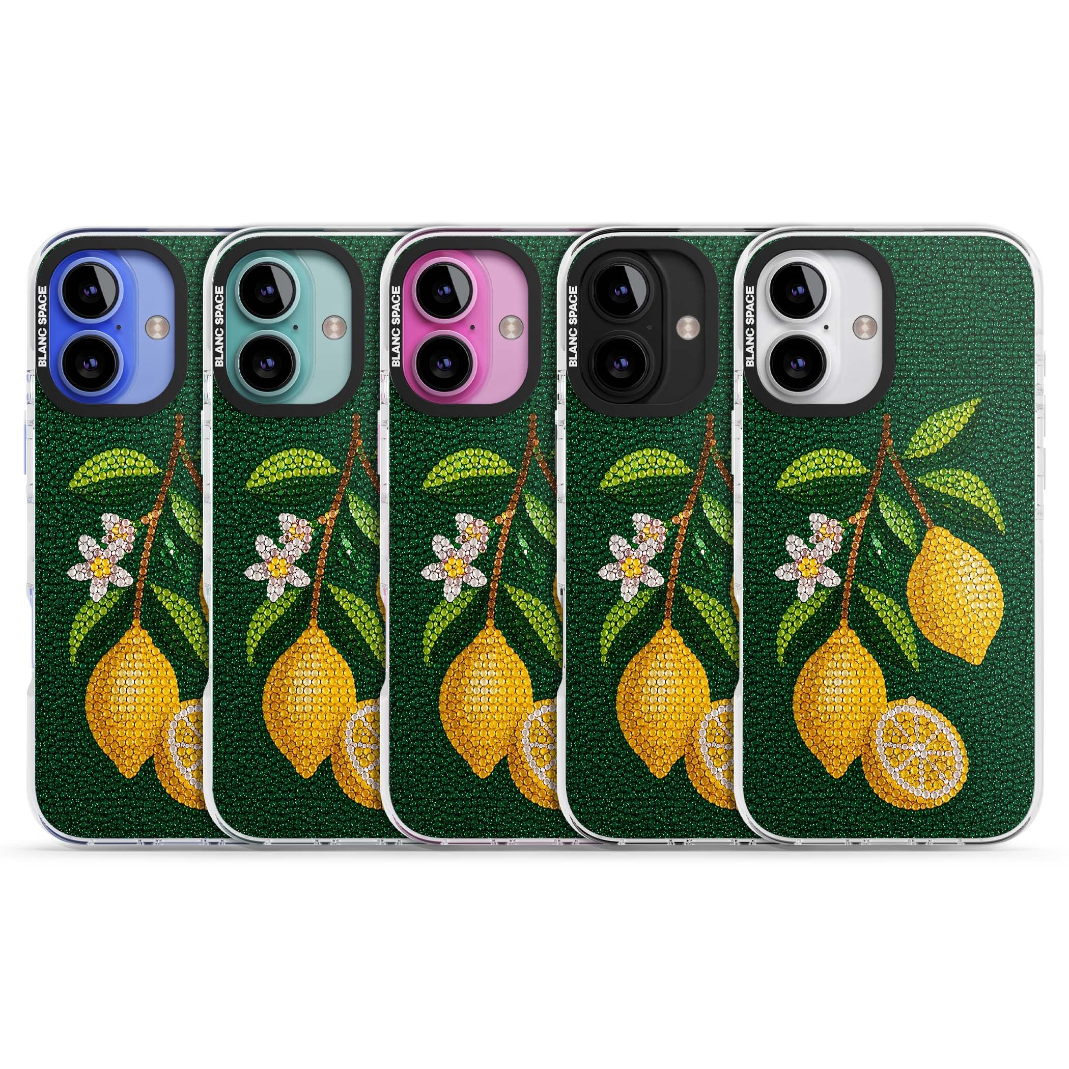 Beaded Lemons coastal iPhone case featuring crystal-beaded lemons, citrus blossom and green leaves on emerald ground | Clear Impact case for iPhone 16, iPhone 16 Plus