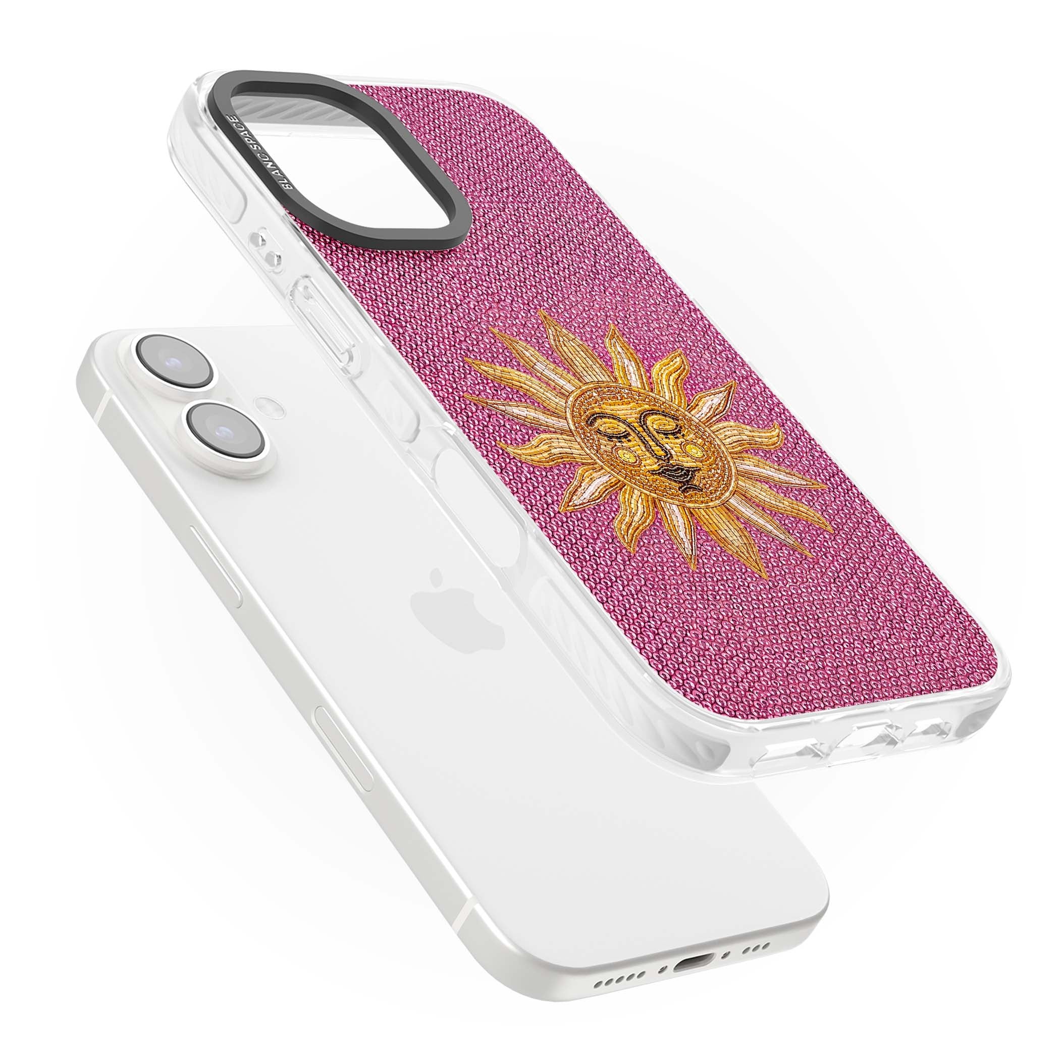 Beaded Sun celestial iPhone case featuring a golden beaded sun face with radiant rays on hot pink beaded background | Clear Impact case for iPhone 16, iPhone 16 Plus