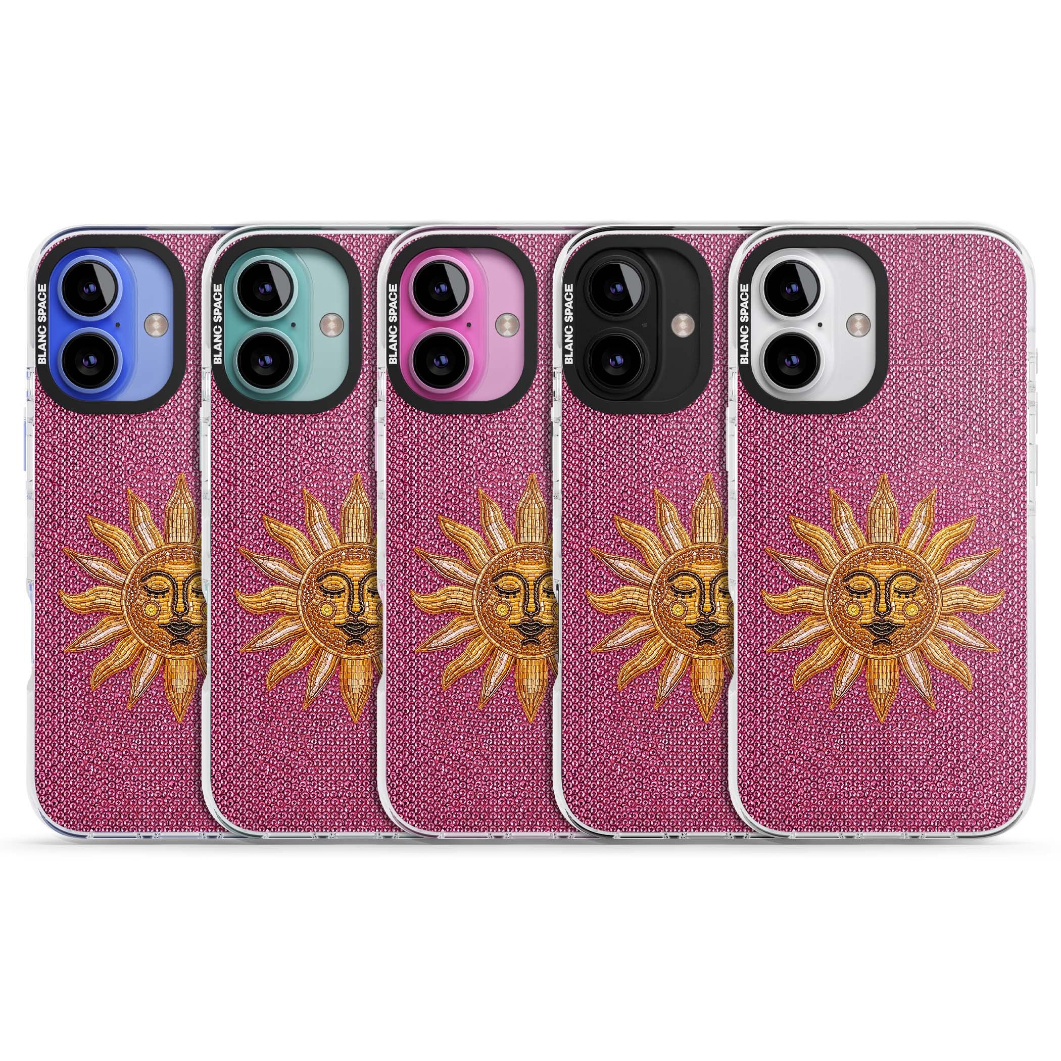 Beaded Sun celestial iPhone case featuring a golden beaded sun face with radiant rays on hot pink beaded background | Clear Impact case for iPhone 16, iPhone 16 Plus