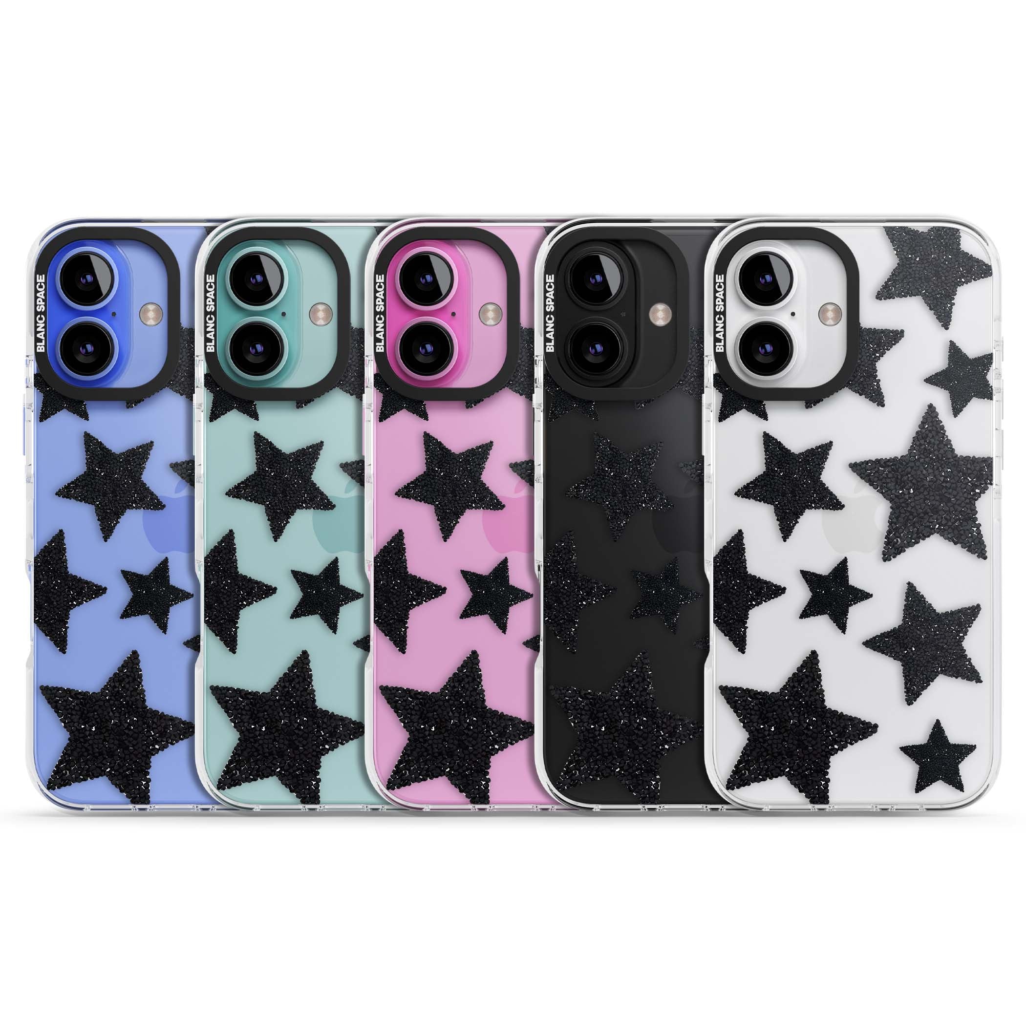 Beaded Black Stars celestial iPhone case featuring black glitter beaded stars scattered on a clear background | Clear Impact case for iPhone 16, iPhone 16 Plus