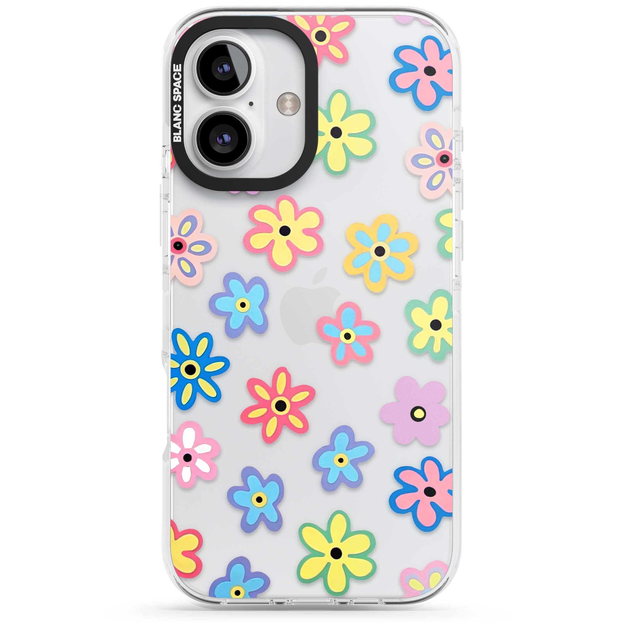 Bloom Pop cottagecore iPhone case featuring multicolor pastel flowers with black centers on clear background | Clear Impact case for iPhone 16, iPhone 16 Plus