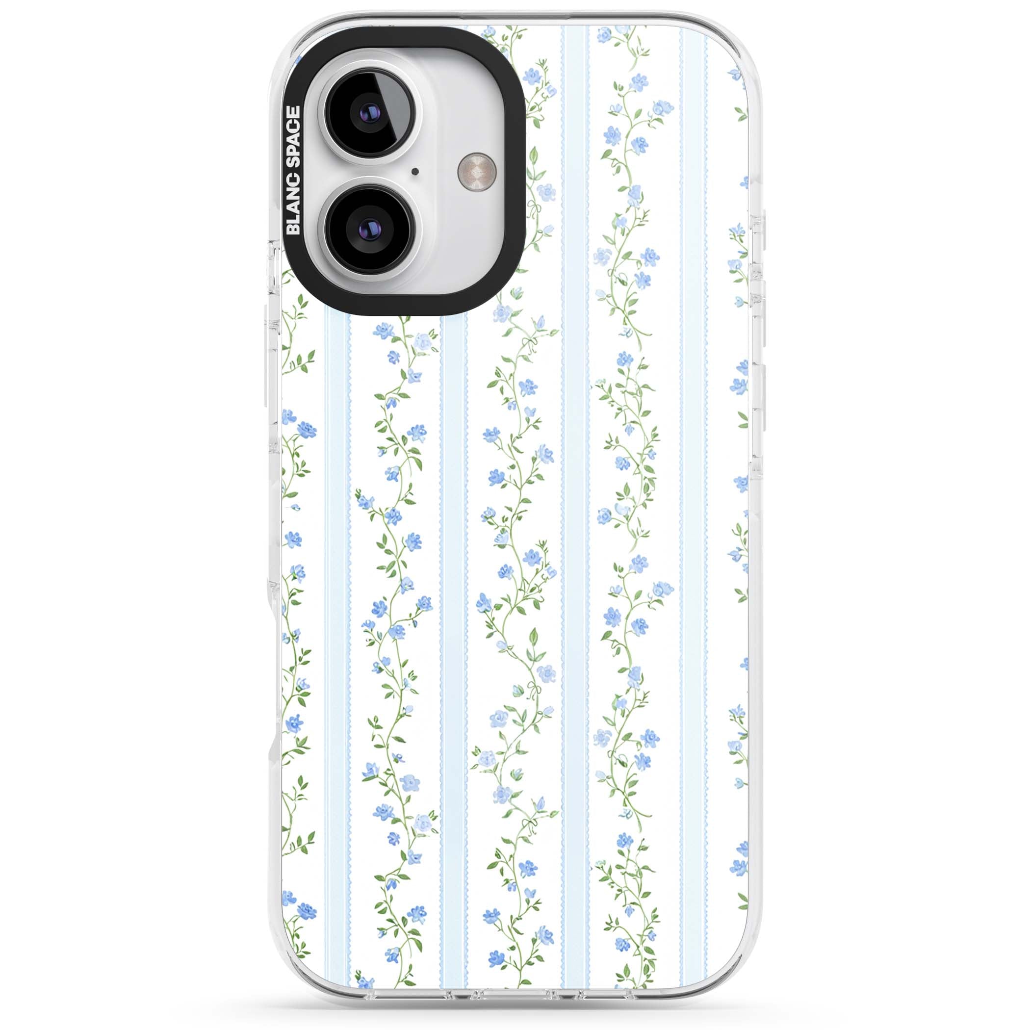 Bluebell Vine cottagecore iPhone case featuring climbing blue roses, trailing green vines, and pale ticking stripes | Clear Impact case for iPhone 16, iPhone 16 Plus