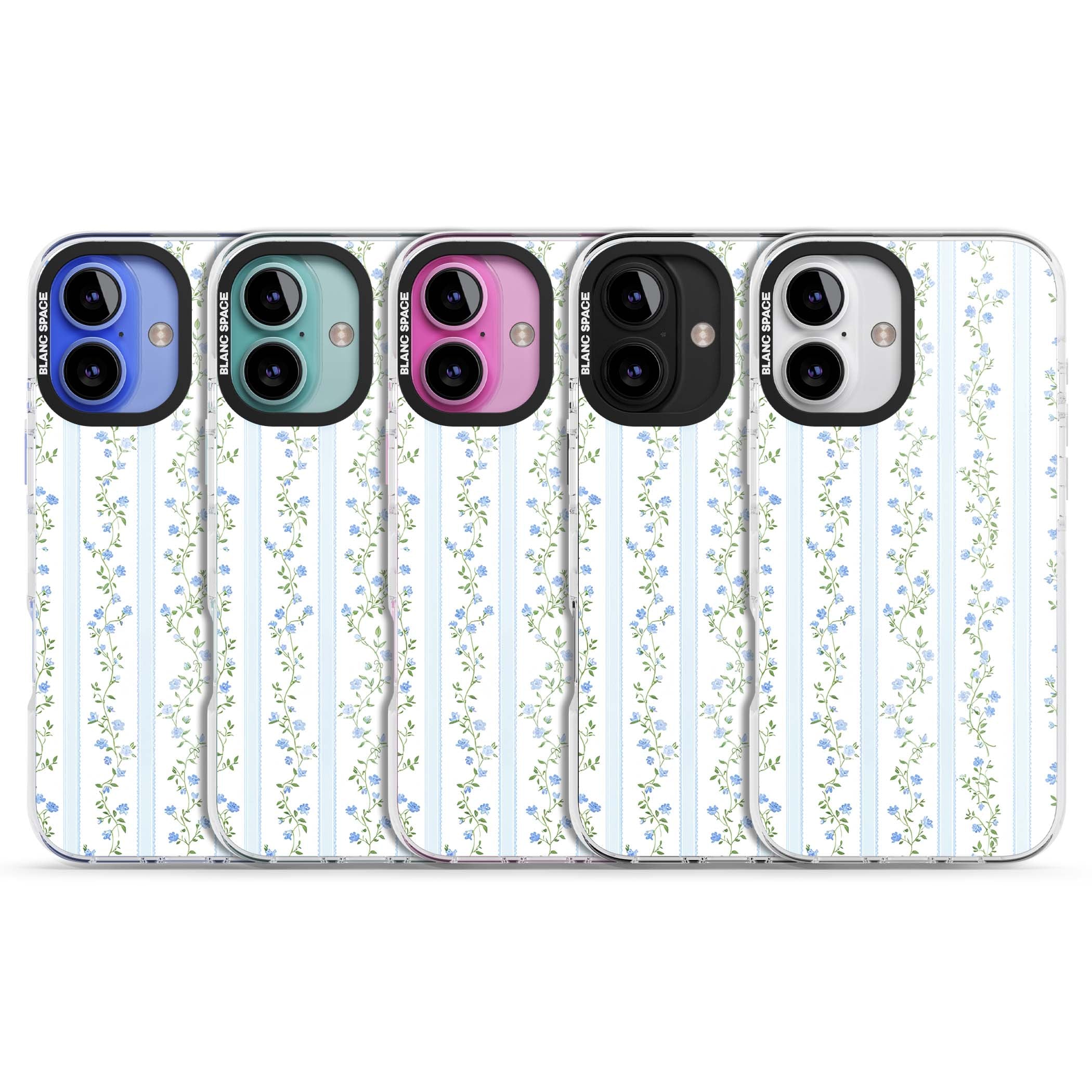 Bluebell Vine cottagecore iPhone case featuring climbing blue roses, trailing green vines, and pale ticking stripes | Clear Impact case for iPhone 16, iPhone 16 Plus