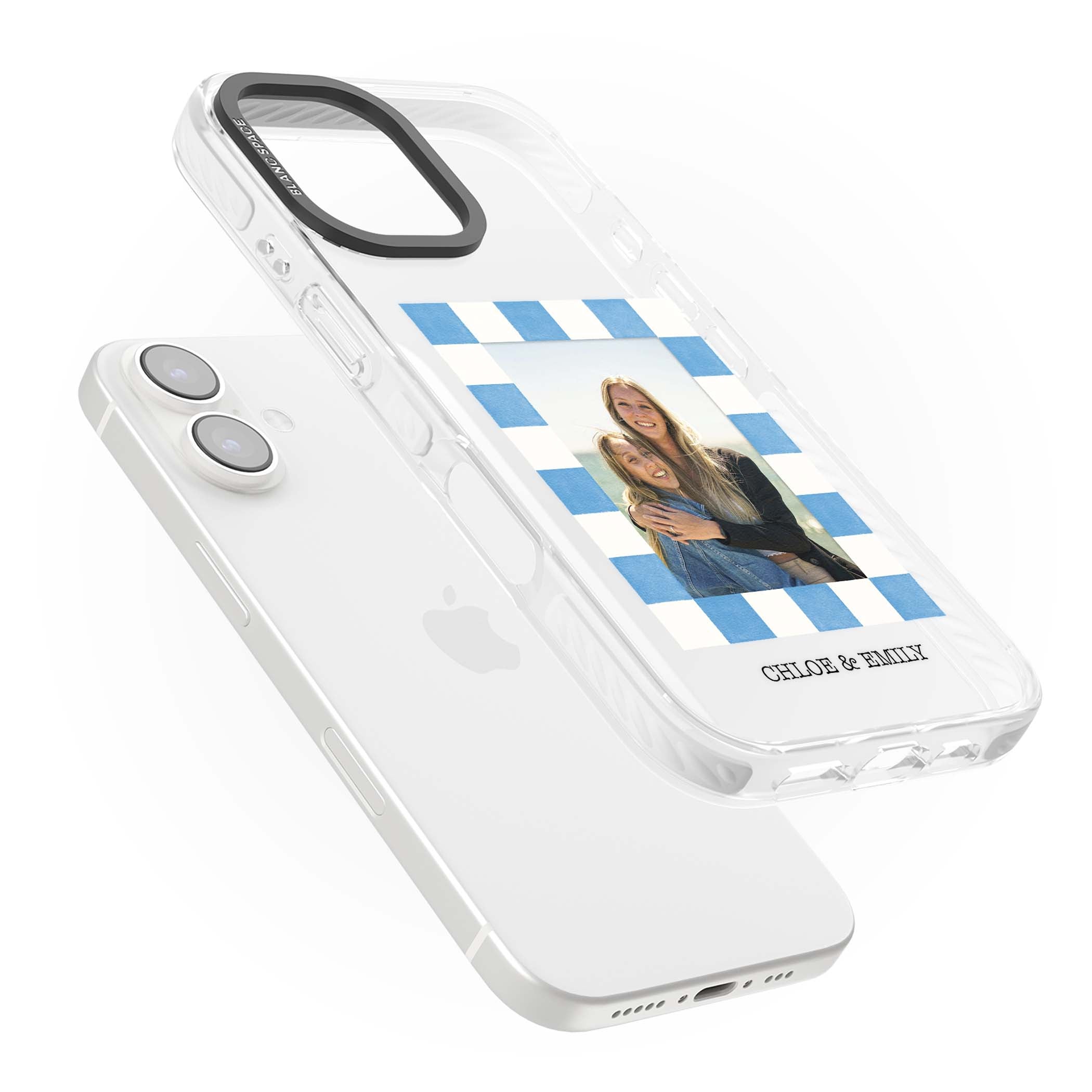 Blue Check Photo personalised photo iPhone case with blue checkered frame and custom couple names | Clear Impact case for iPhone 16, iPhone 16 Plus