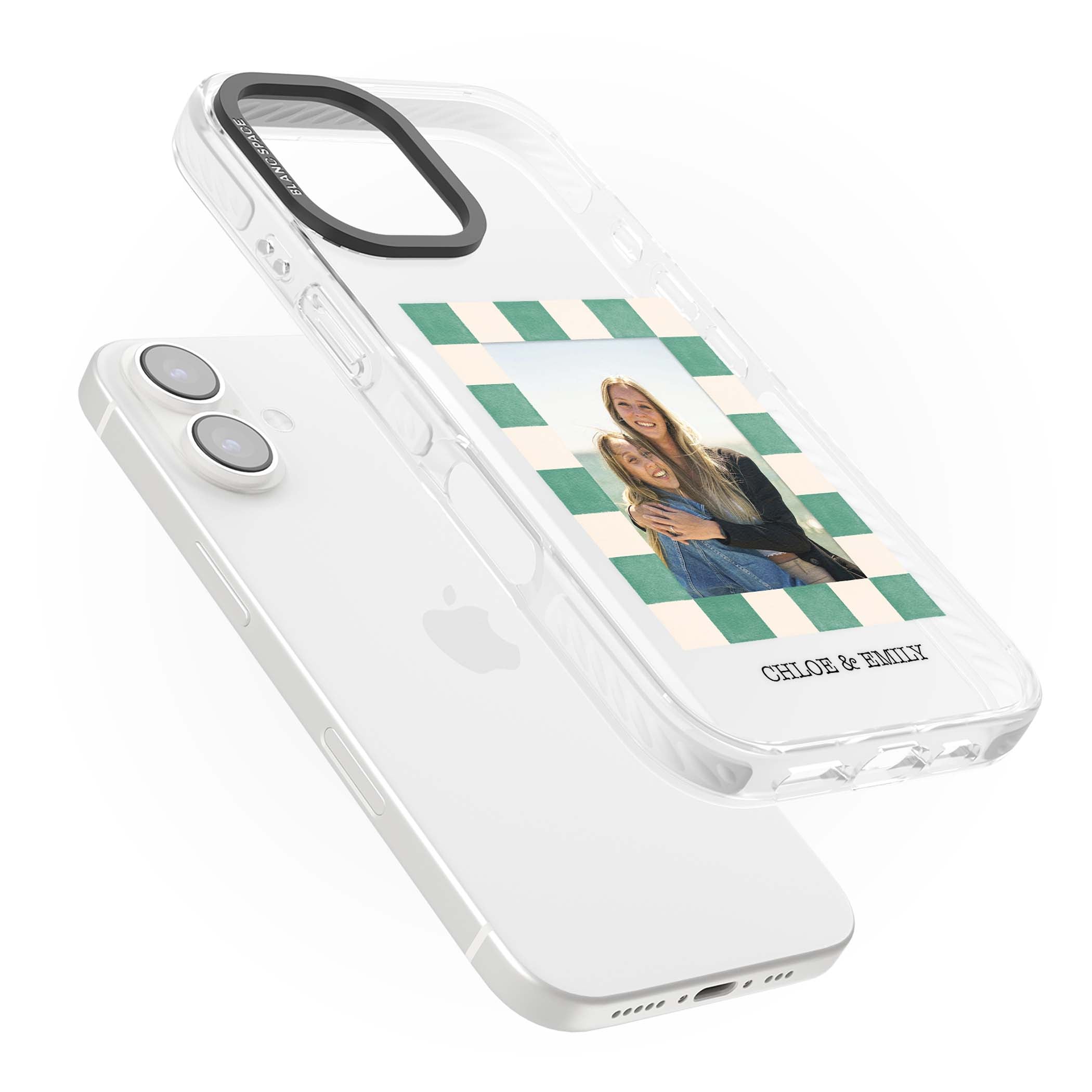 Seafoam Check Photo personalised iPhone case featuring a custom polaroid photo, green and cream checkered frame, and custom n | Clear Impact case for iPhone 16, iPhone 16 Plus