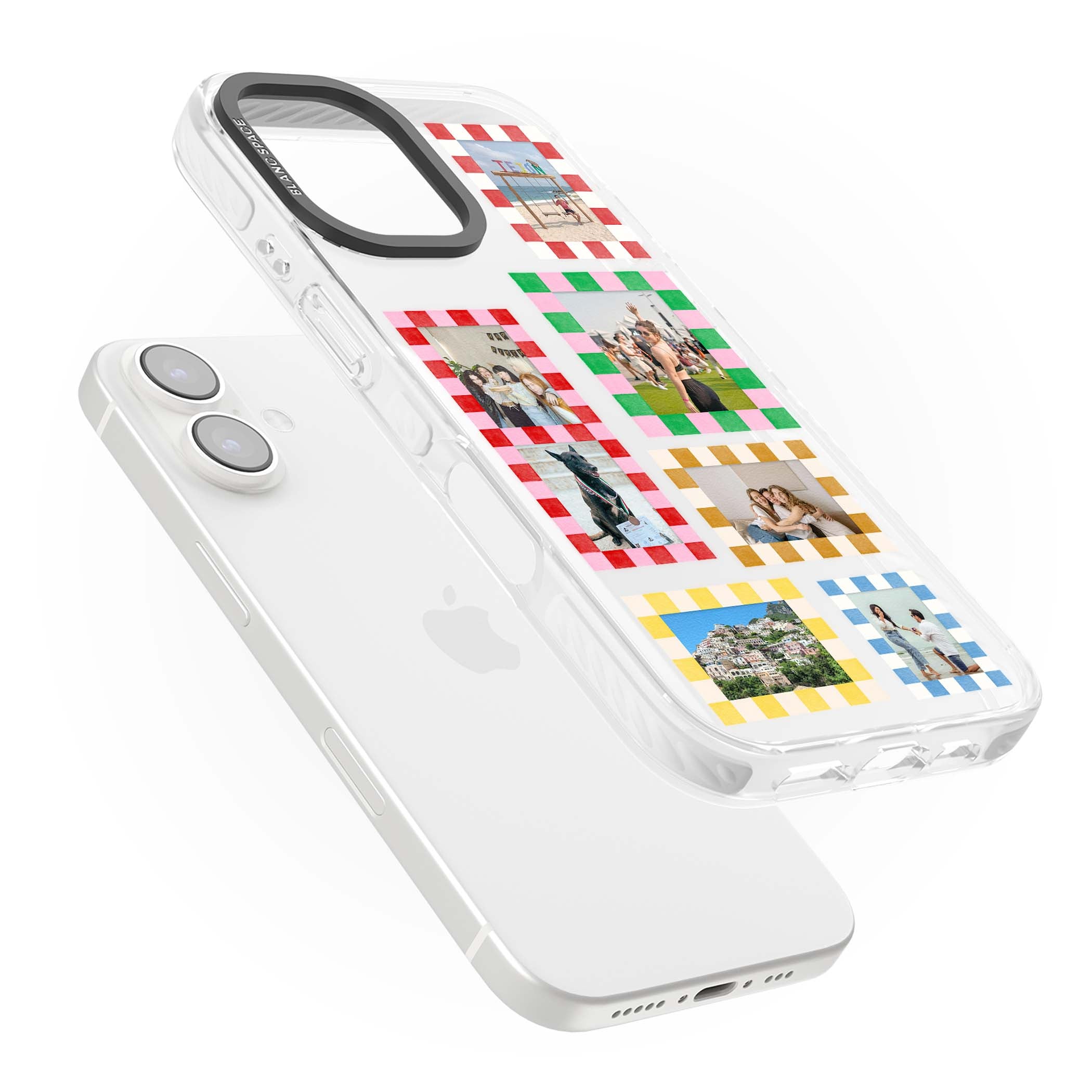 Italian Check Frames custom photo collage iPhone case featuring six checkered photo frames in red, green, pink and  | Clear Impact case for iPhone 16, iPhone 16 Plus