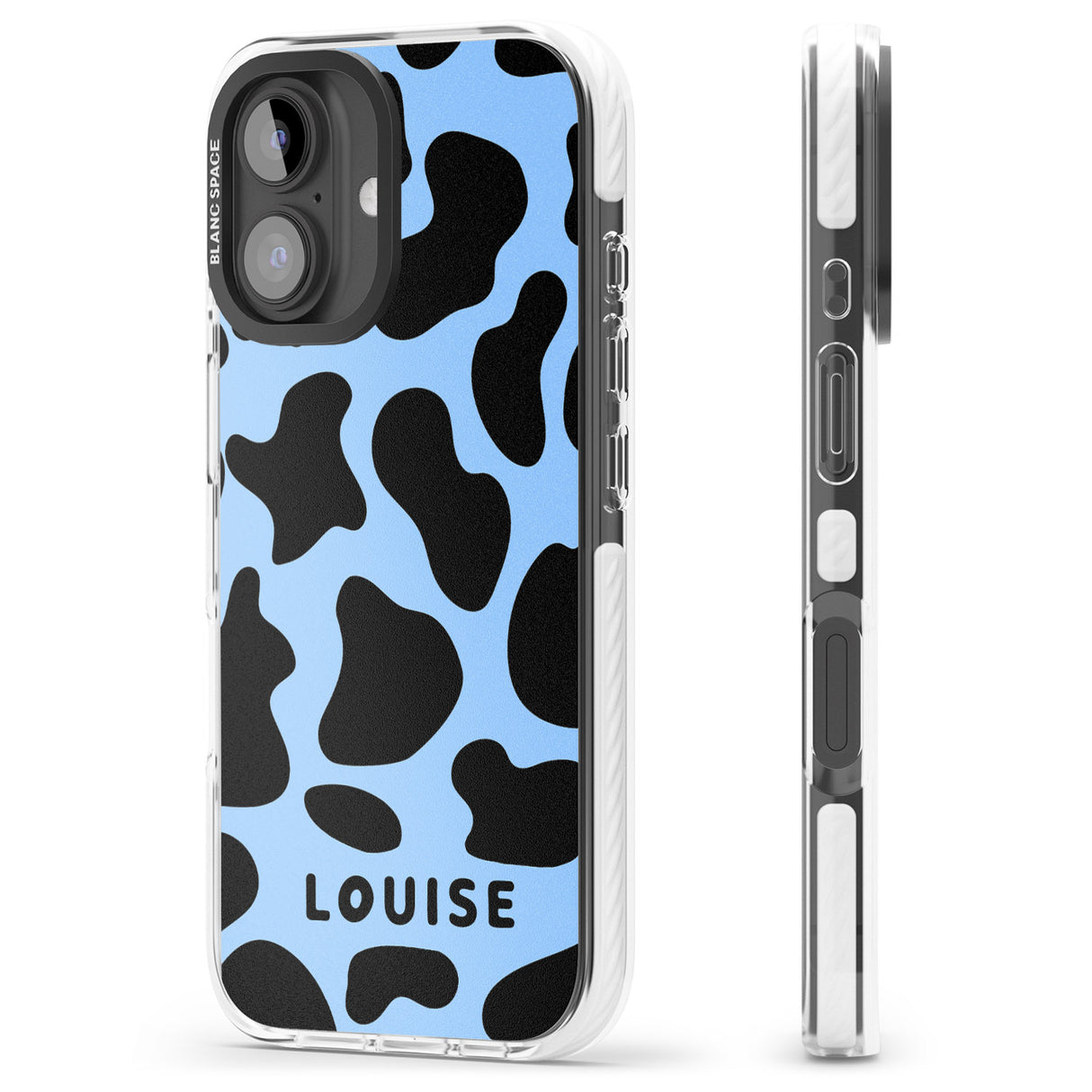 iPhone 16 Pro Max Personalised Blue and Black Cow Print Black Impact Phone Case