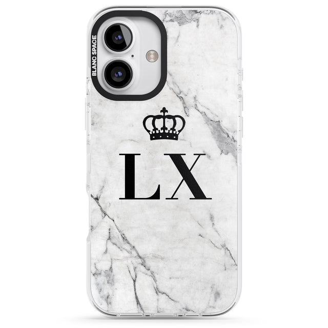 iPhone 16 Pro Max Personalised Initials with Crown on White Marble Black Impact Phone Case