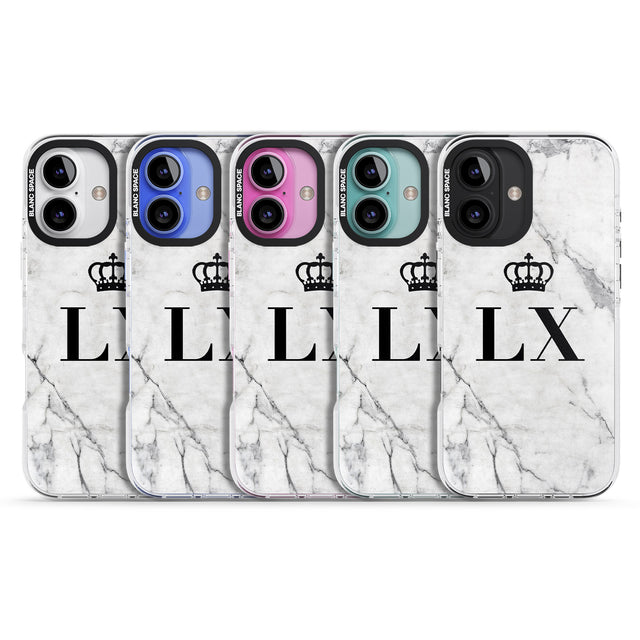 iPhone 16 Pro Max Personalised Initials with Crown on White Marble Black Impact Phone Case