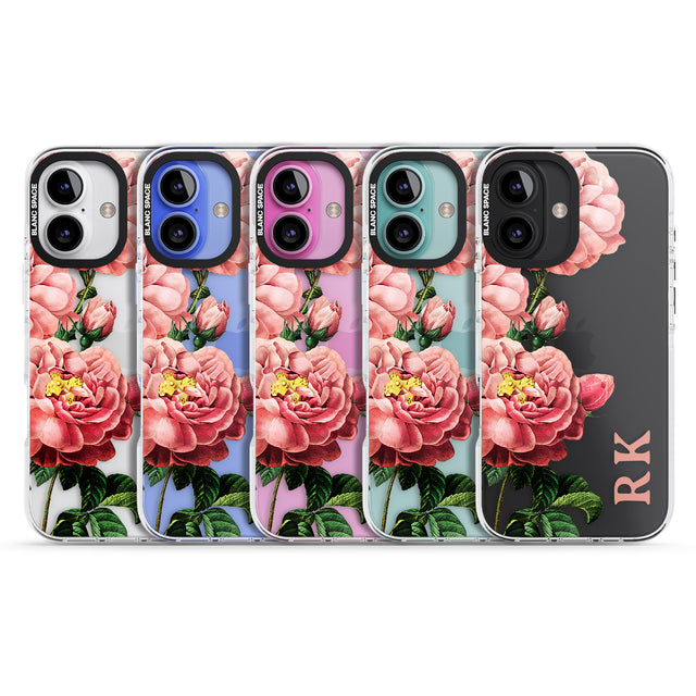 iPhone 16 Pro Max Personalised Clear Vintage Floral Pink Peonies Black Impact Phone Case