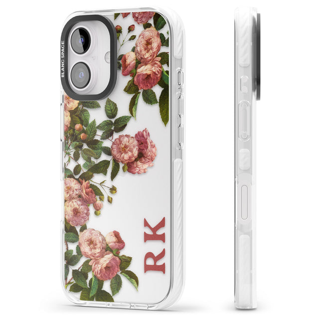 iPhone 16 Pro Max Personalised Clear Vintage Floral Pink Garden Roses Black Impact Phone Case