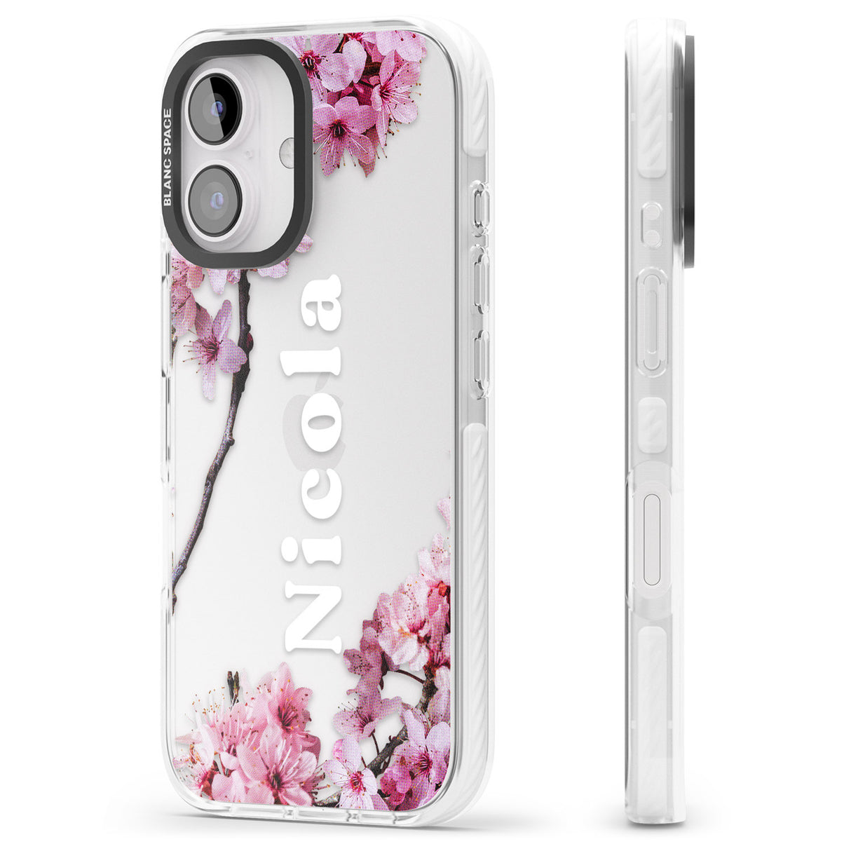 iPhone 16 Pro Max Personalised Cherry Blossoms with Text Black Impact Phone Case