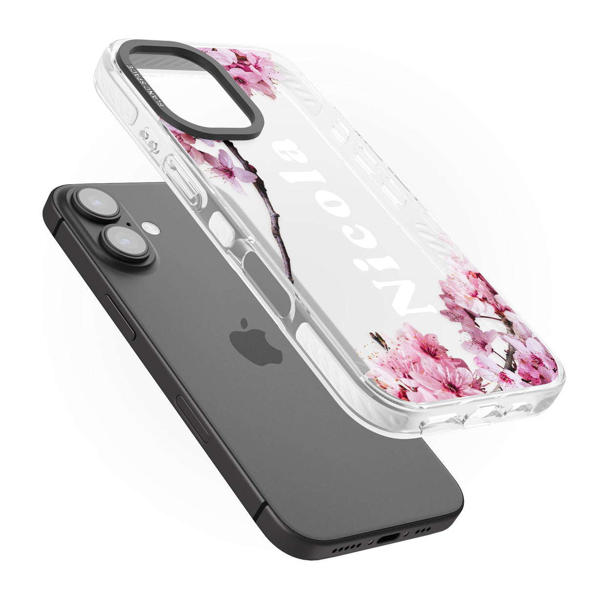 iPhone 16 Pro Max Personalised Cherry Blossoms with Text Black Impact Phone Case