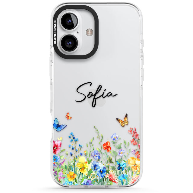 Personalised Buterflies & Wildflowers Impact Phone Case for iPhone 16, iPhone 16 Plus