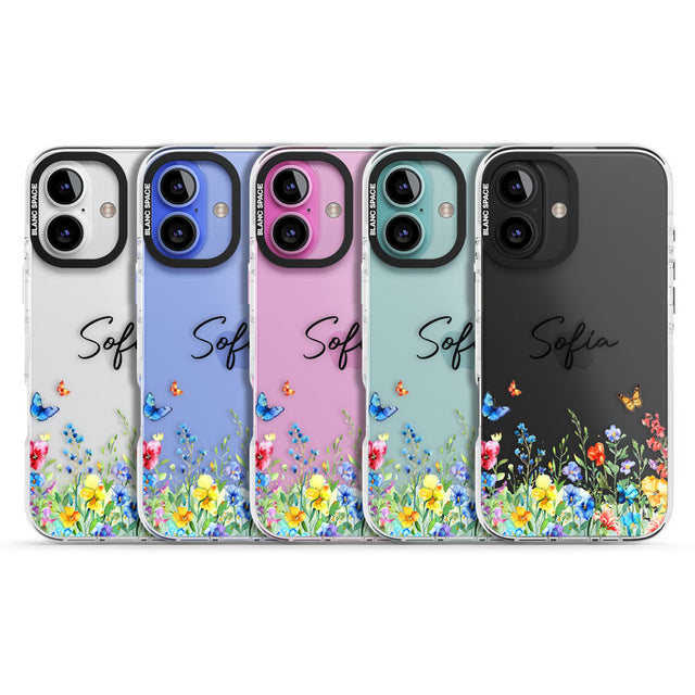 Personalised Buterflies & Wildflowers Impact Phone Case for iPhone 16, iPhone 16 Plus