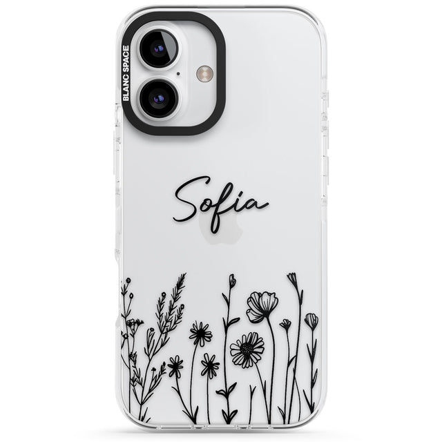 Personalised Black Wildflowers Impact Phone Case for iPhone 16, iPhone 16 Plus