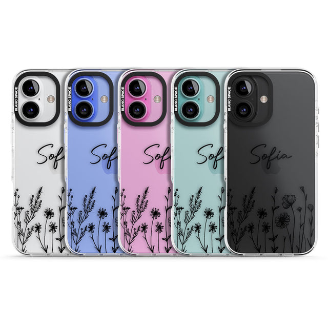 Personalised Black Wildflowers Impact Phone Case for iPhone 16, iPhone 16 Plus