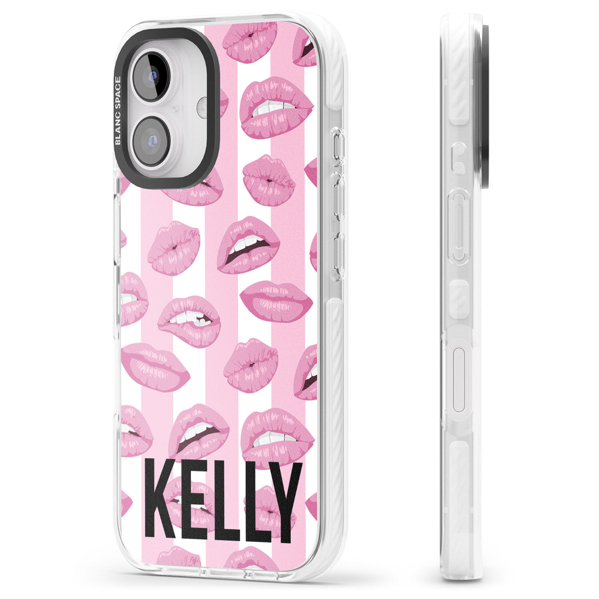 iPhone 16 Pro Max Personalised Pink Stripes & Lips Black Impact Phone Case