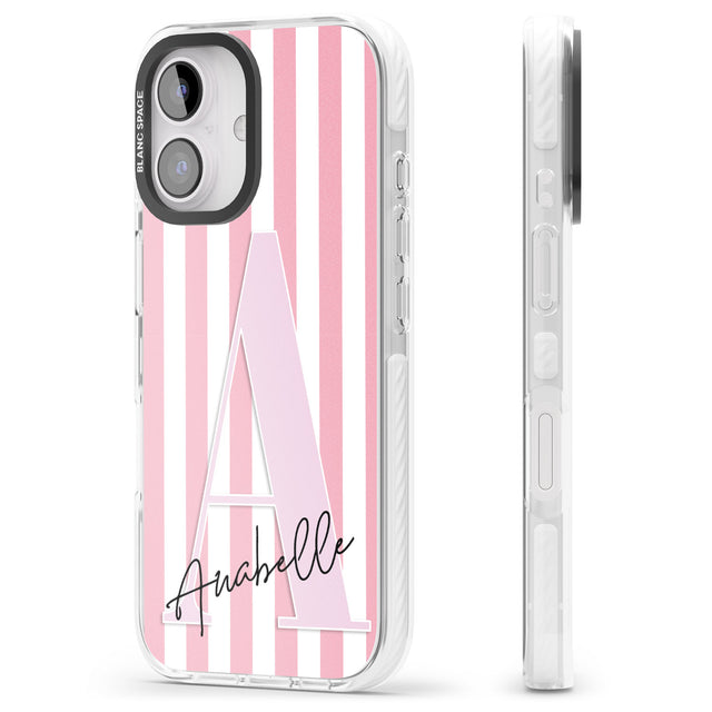 iPhone 16 Pro Max Personalised Pink Stripes & Large Monogram Black Impact Phone Case