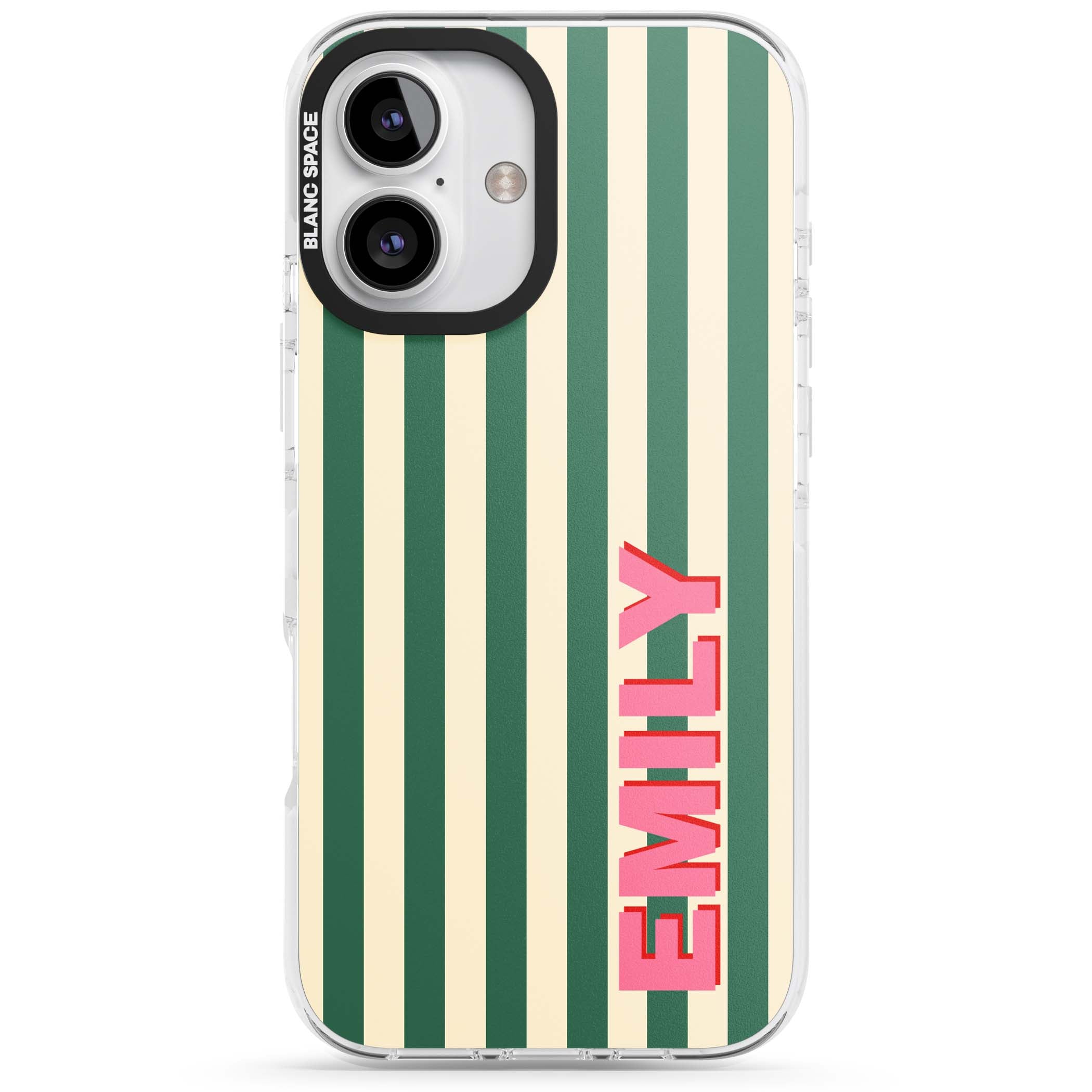 Wimbledon Stripe preppy iPhone case featuring green and cream vertical stripes with a personalised pink name | Clear Impact case for iPhone 16, iPhone 16 Plus