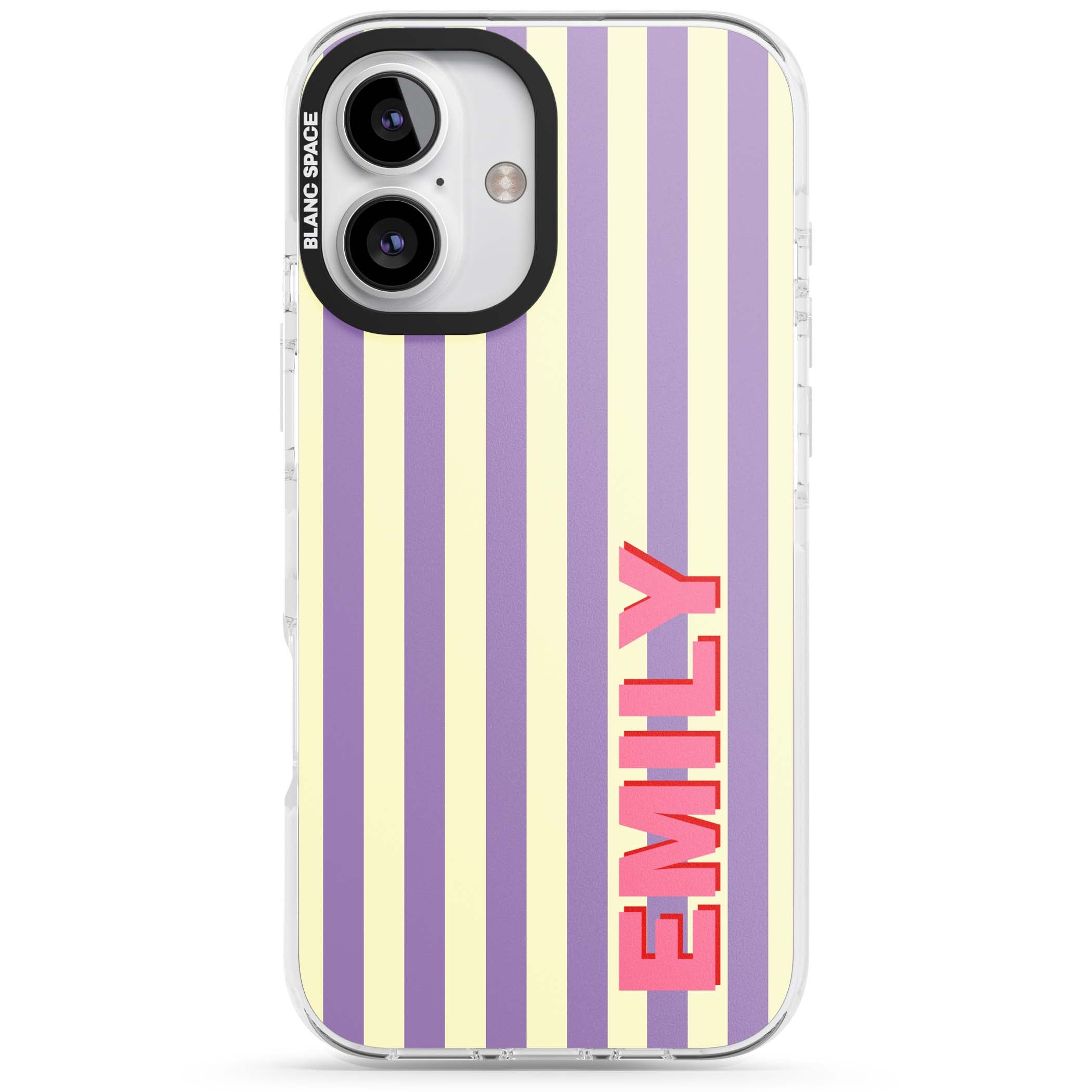 Valensole Stripe personalised iPhone case with purple and cream vertical stripes and pink custom name | Clear Impact case for iPhone 16, iPhone 16 Plus