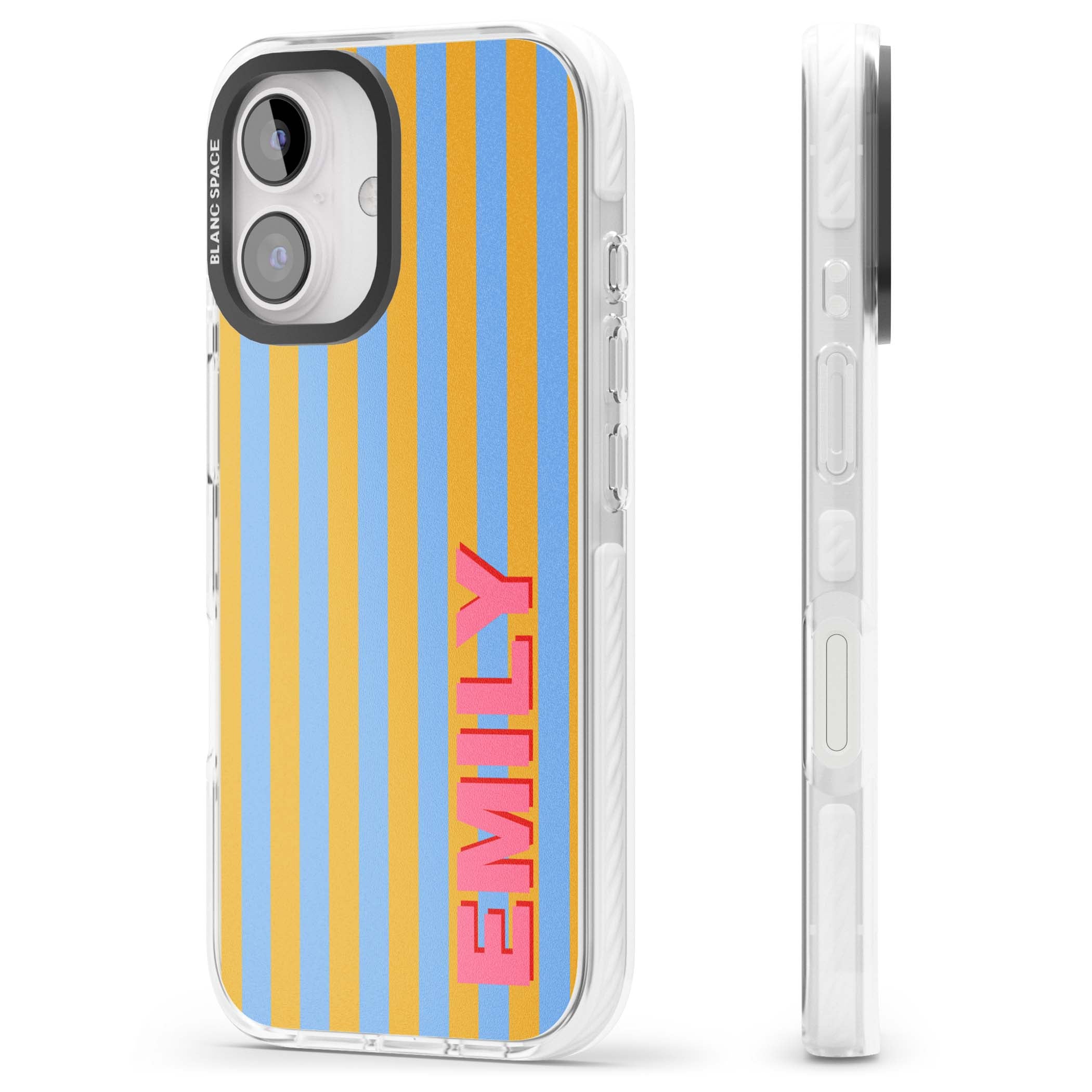 Carribean Stripe personalised coastal iPhone case with yellow and blue vertical stripes and a custom pink name | Clear Impact case for iPhone 16, iPhone 16 Plus