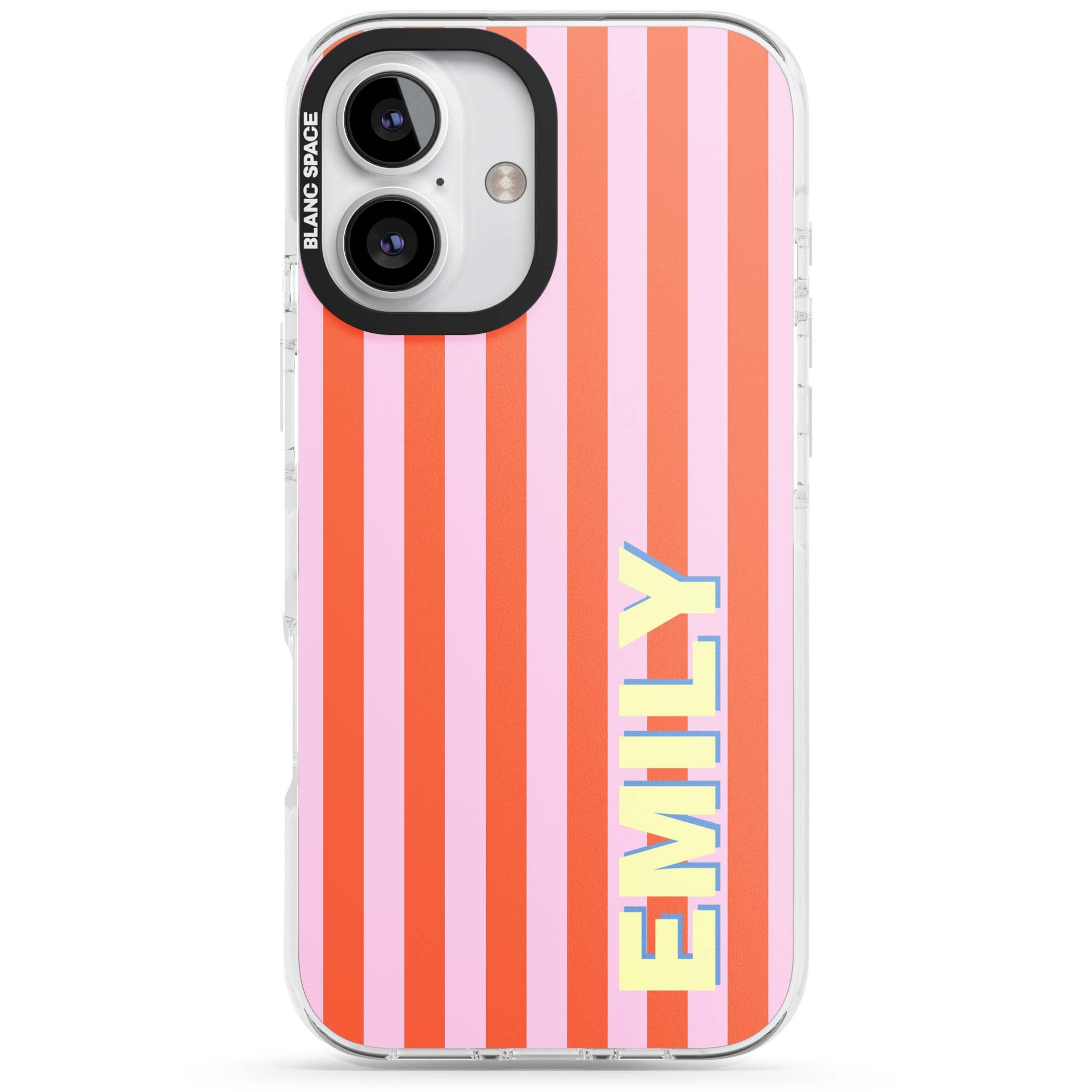 Havana Stripe personalised iPhone case featuring pink and orange vertical stripes with a custom yellow name | Clear Impact case for iPhone 16, iPhone 16 Plus