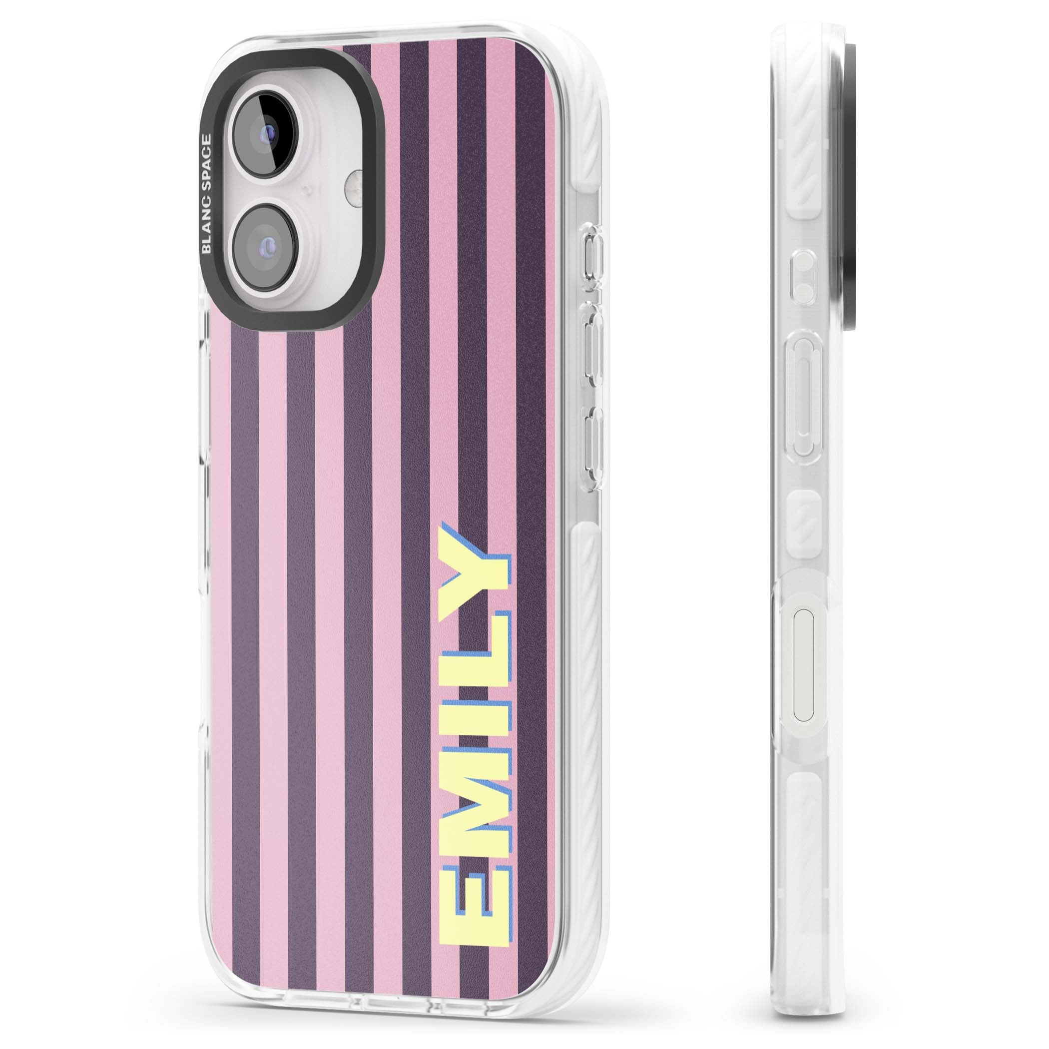 Tyre Stripe personalised stripe iPhone case with plum and pink vertical stripes and custom yellow name | Clear Impact case for iPhone 16, iPhone 16 Plus