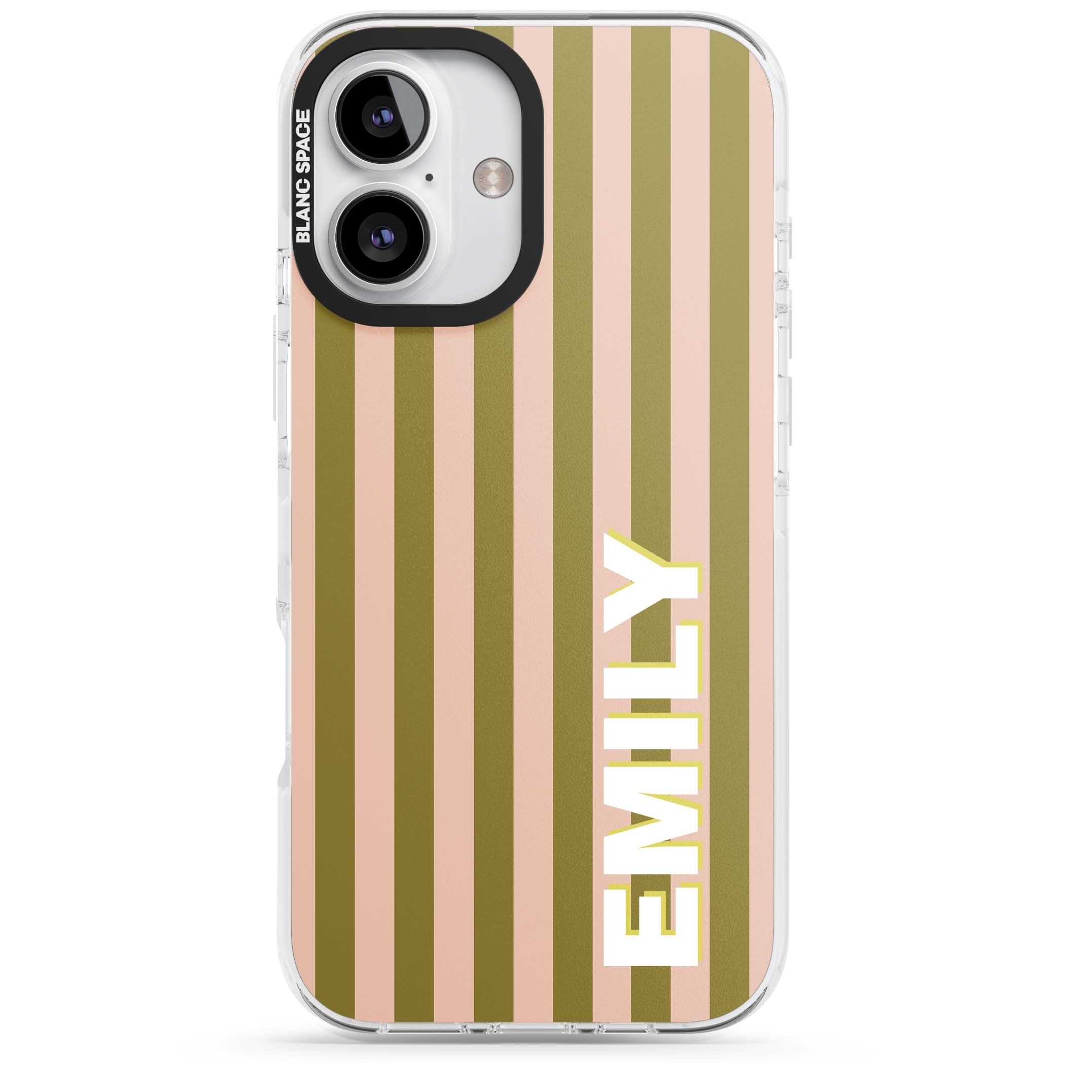 Indian Stripe personalised iPhone case featuring olive green and blush pink vertical stripes with custom name in whit | Clear Impact case for iPhone 16, iPhone 16 Plus