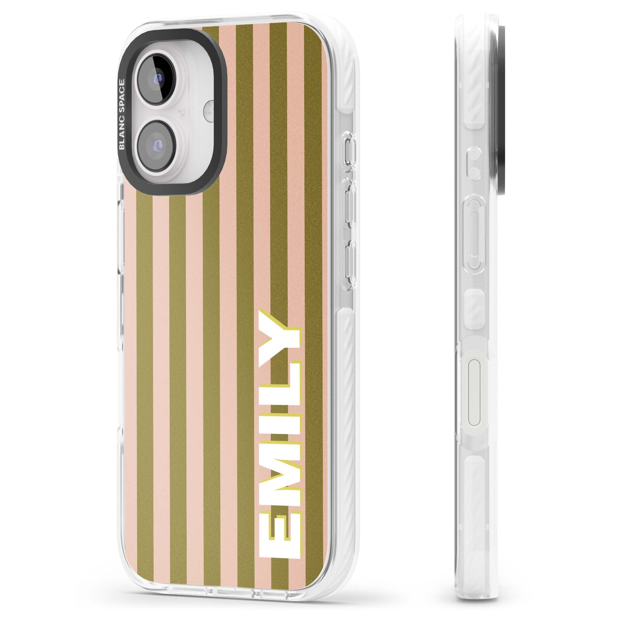 Indian Stripe personalised iPhone case featuring olive green and blush pink vertical stripes with custom name in whit | Clear Impact case for iPhone 16, iPhone 16 Plus