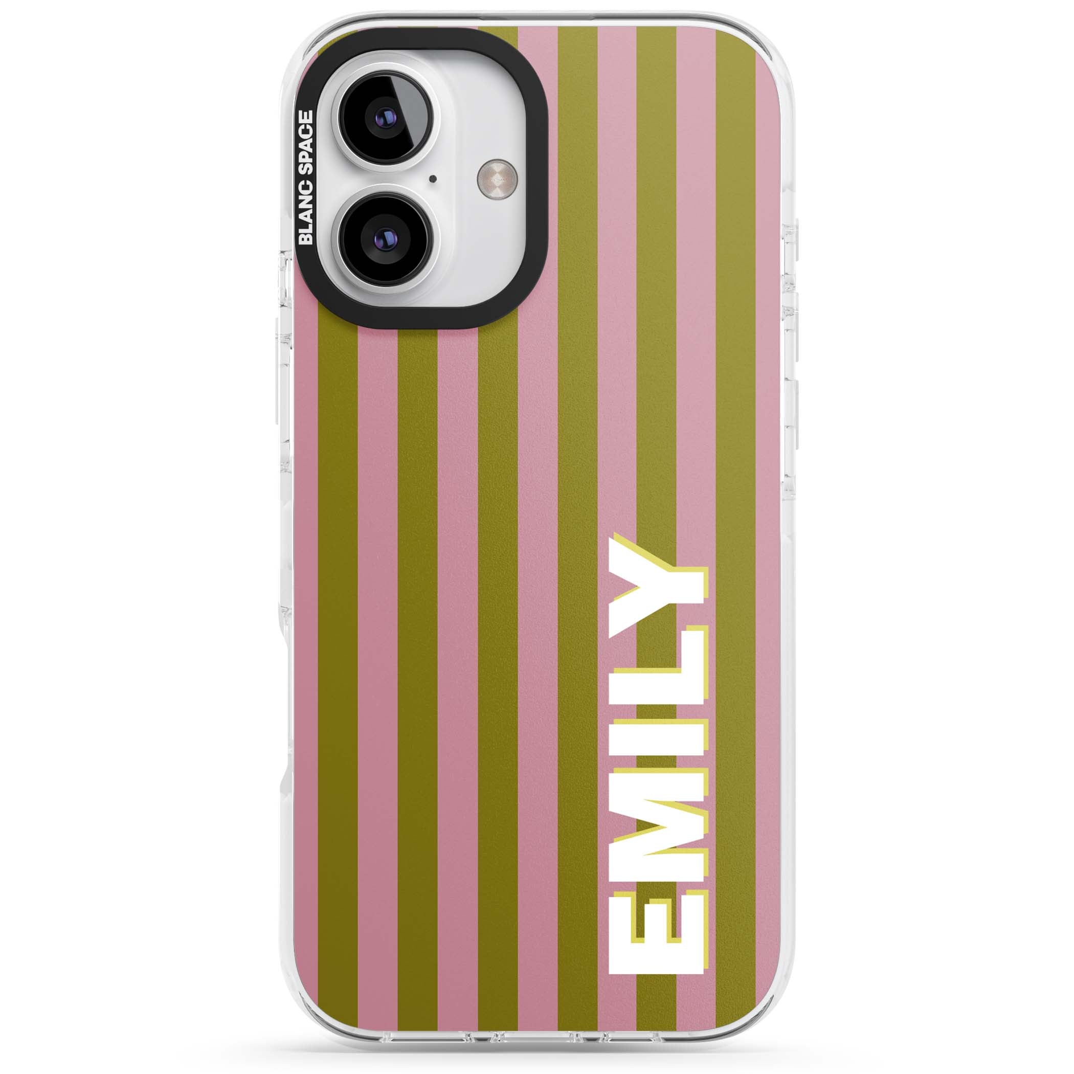 Istanbul Stripe personalised iPhone case featuring pink and olive green vertical stripes with a custom vertical name | Clear Impact case for iPhone 16, iPhone 16 Plus