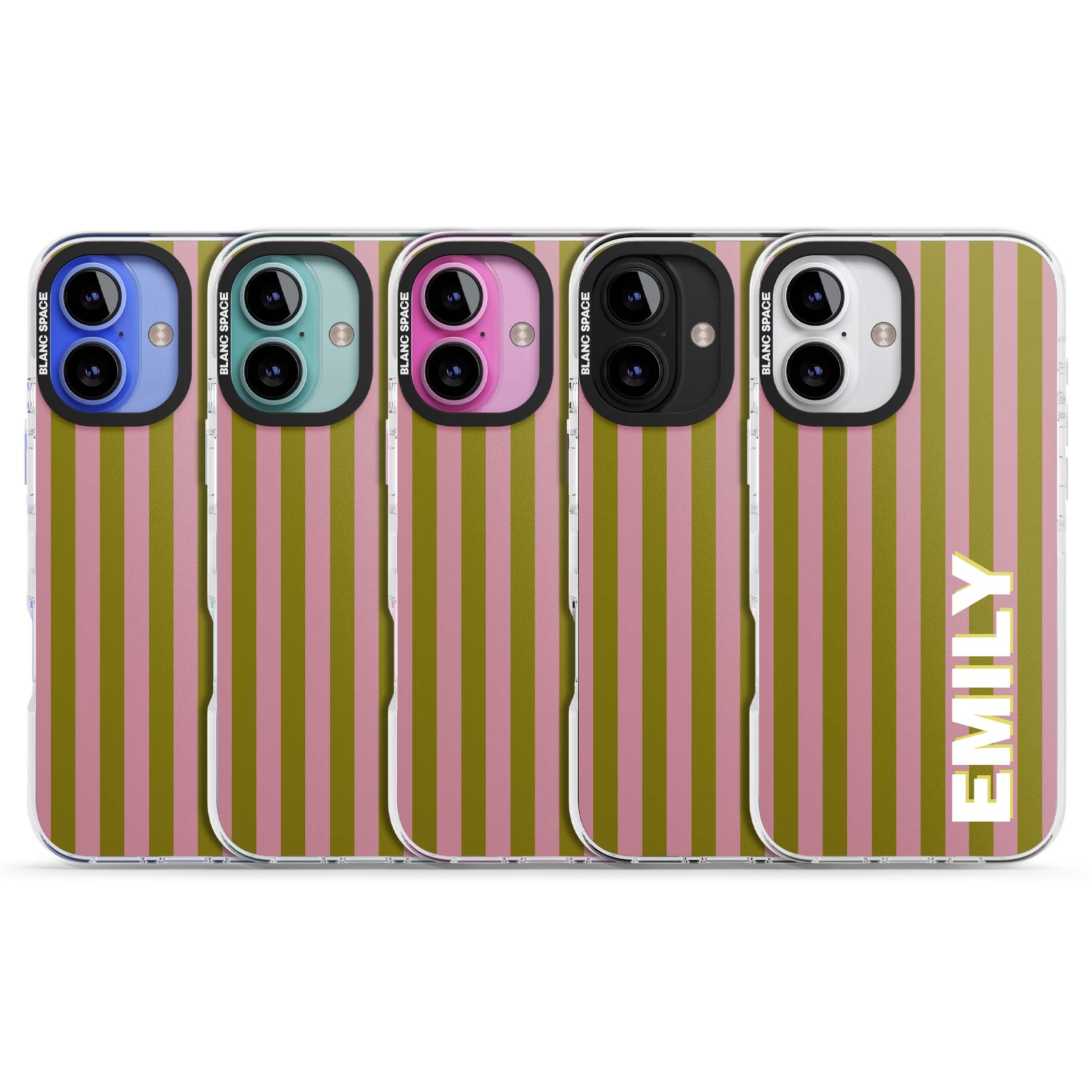 Istanbul Stripe personalised iPhone case featuring pink and olive green vertical stripes with a custom vertical name | Clear Impact case for iPhone 16, iPhone 16 Plus